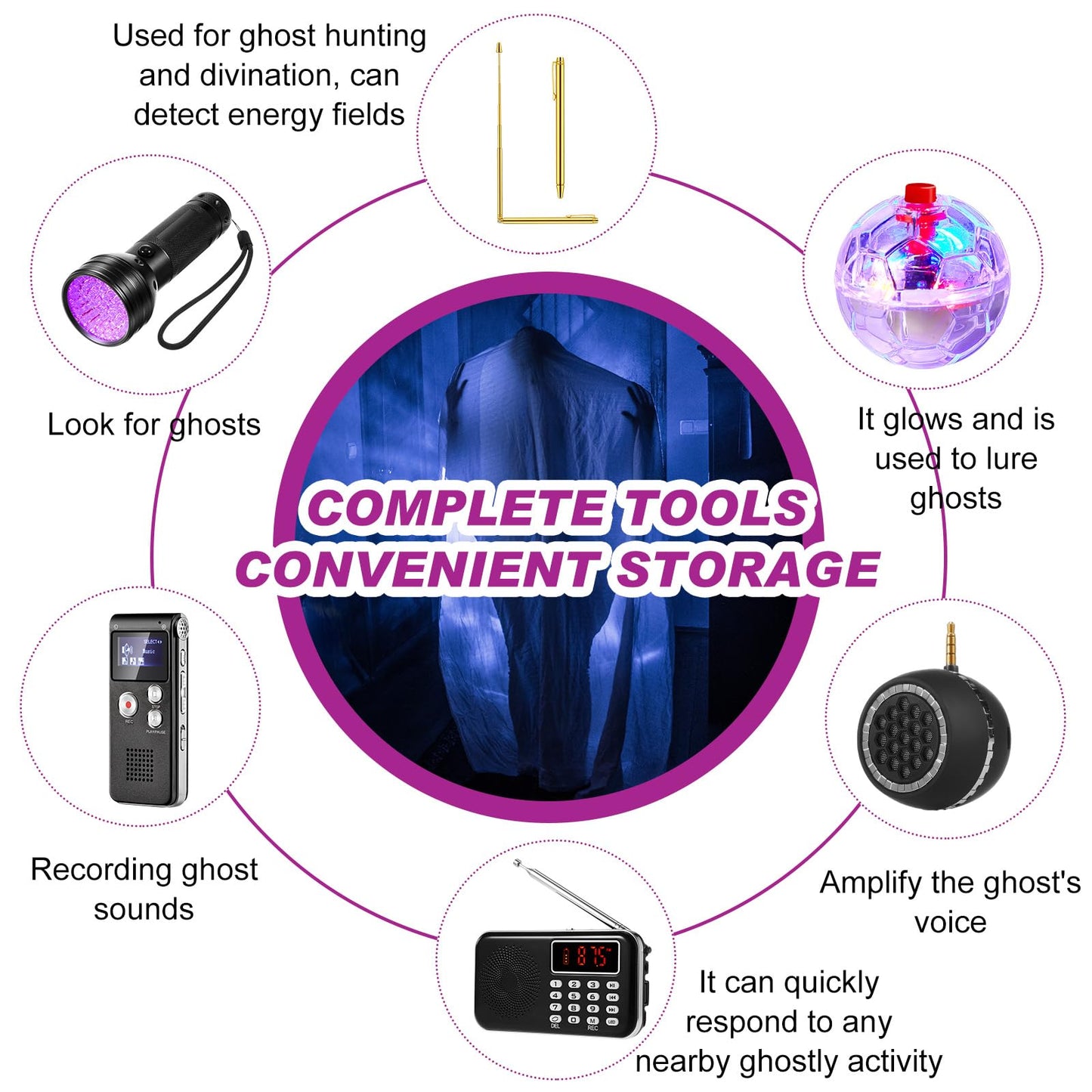 Dunzy 11 Pcs Ghost Hunting Equipment Kit Include Ghost Radio, Electromagnetic Paranormal Radiation Detector, EVP Recorder, UV Flashlight 2 LED Light up Cat Balls Etc(3 in 1 Emf Meter)