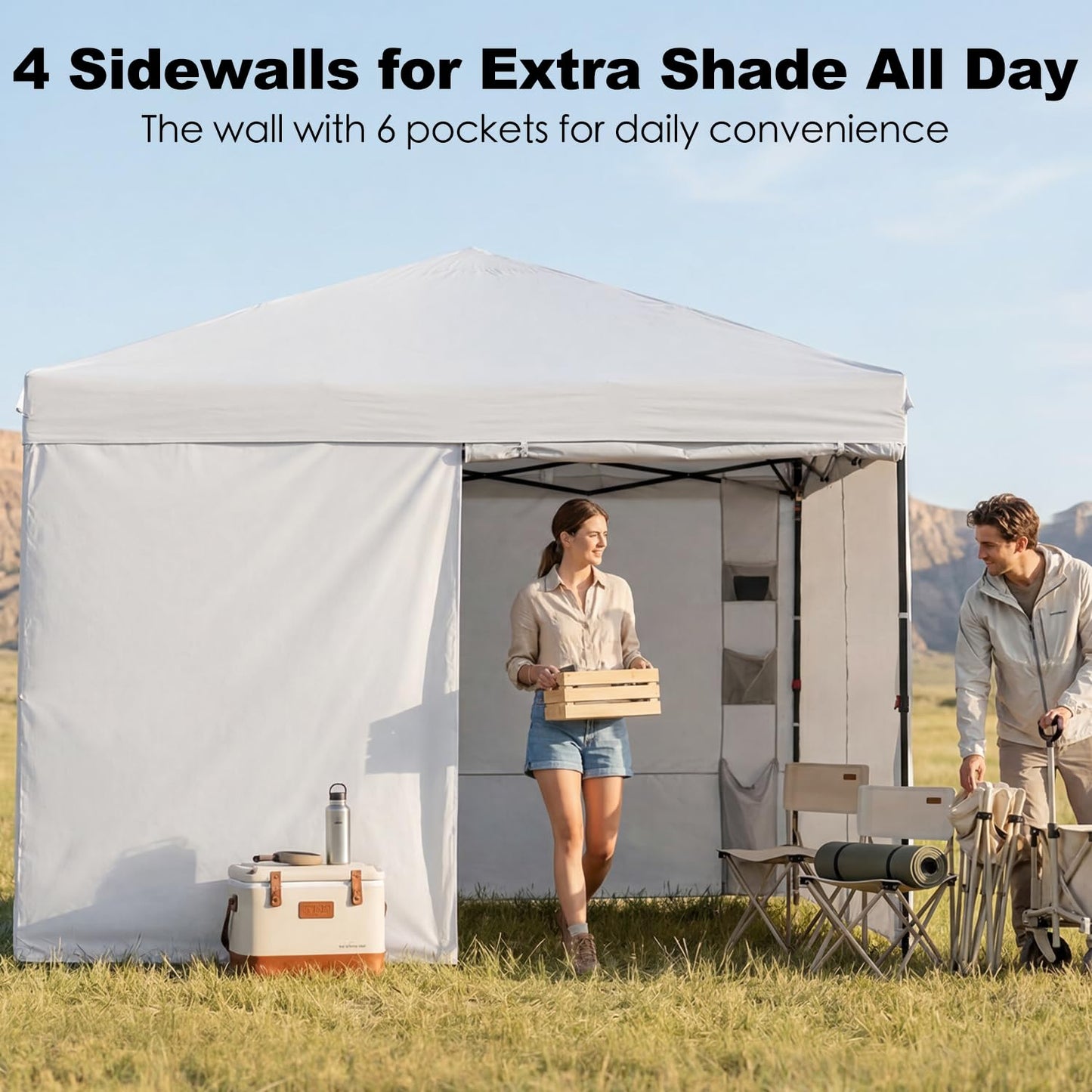 GAFETE 10X10 Comercial Pop Up Canopy Tent with 4 Sidewalls and 6 Pockets, One Push Setup Center Lock, Portable Instant for Beach Patio Outdoor Events, Case, 8 Stakes, 4 Ropes, 4 Sandbags (White)