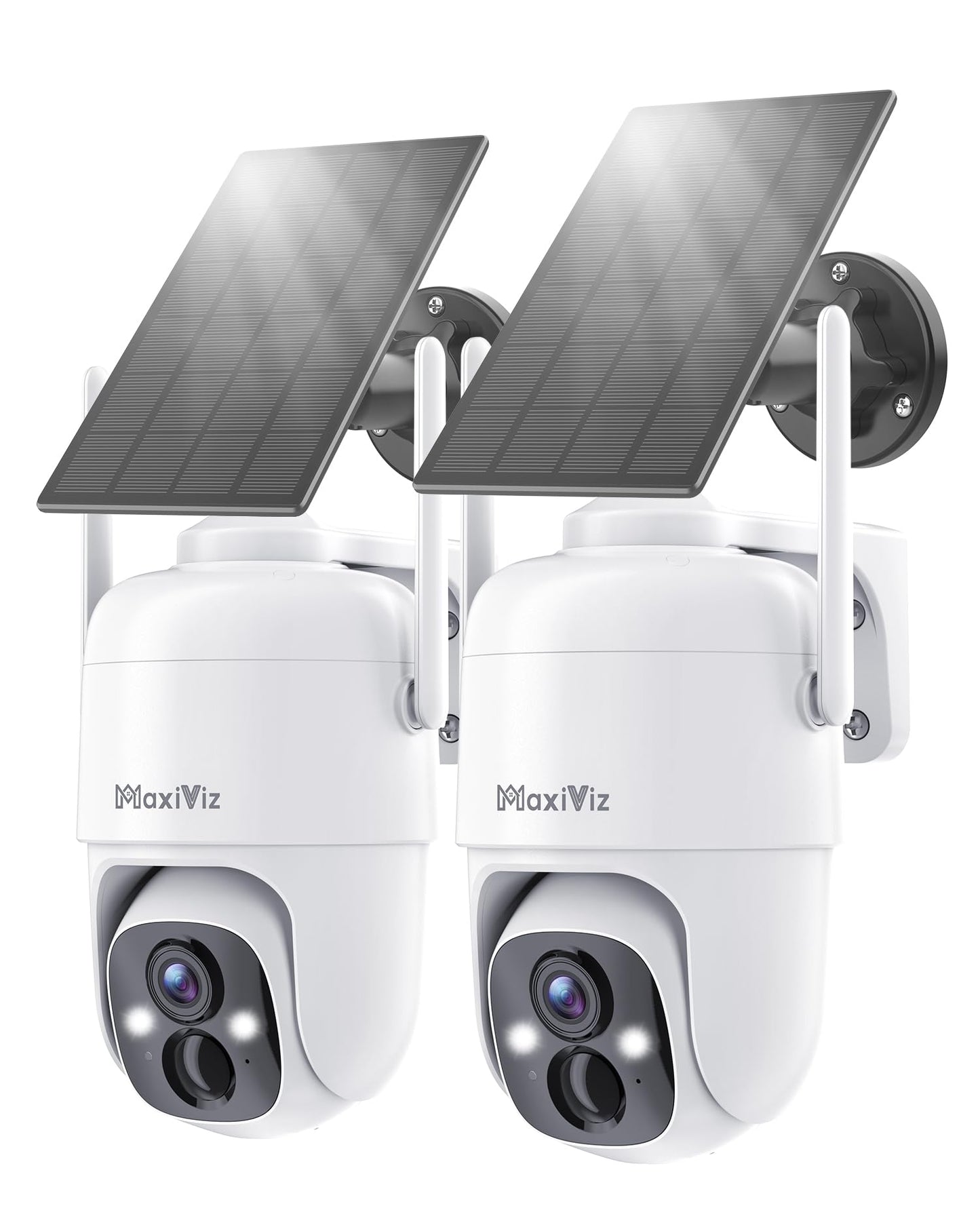 MaxiViz 2K Solar Camera Security Outdoor, 100% Wire-Free Security Cameras Wireless Outdoor with Solar Panel, 360° Panoramic View, Color Night Vision, AI Motion Detection, IP66 Weatherproof, 2 Pack