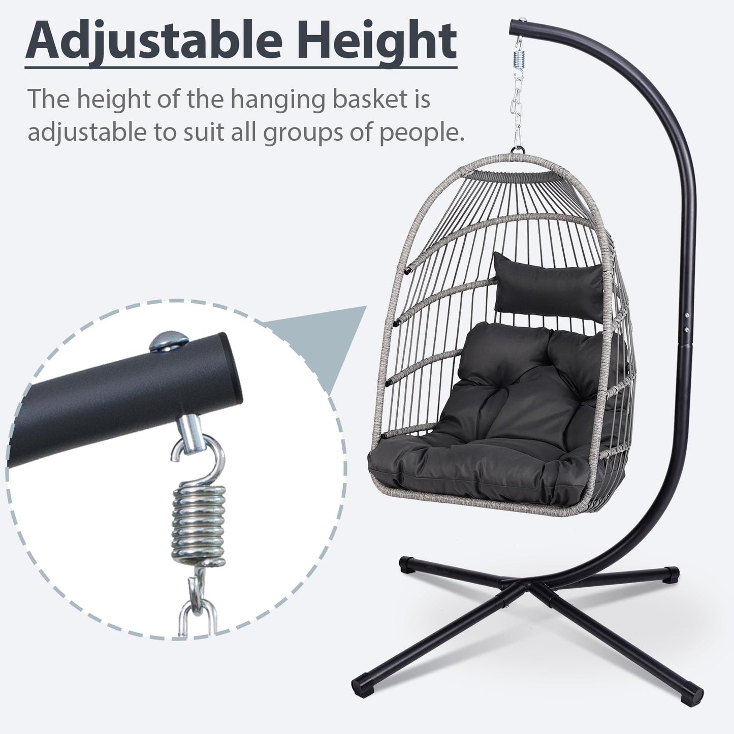 GDFStudio Outdoor Egg Hanging Chair with Stand, Patio Wicker Swing Egg Chair Indoor Outdoor Hammock Chair, 350 lbs Capacity, Black Gray