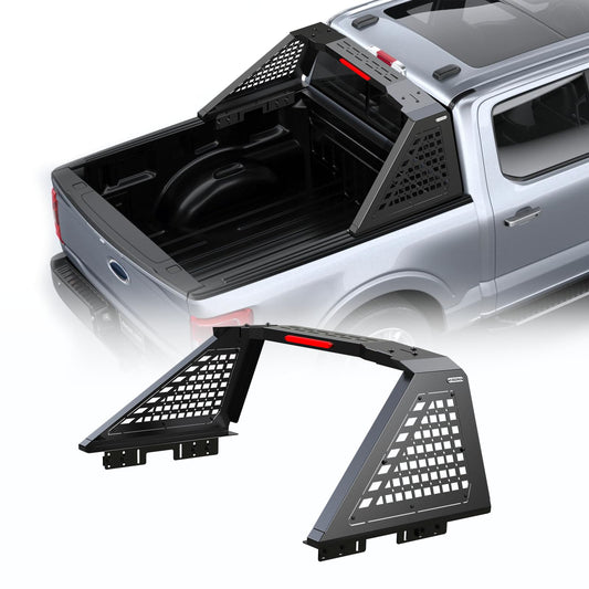 Roll Bar for Full-Size Pickup Trucks - Universal Truck Bed Rack & Chase Rack with Third Brake Light Combo, Heavy Duty Headache Rack, No Drilling