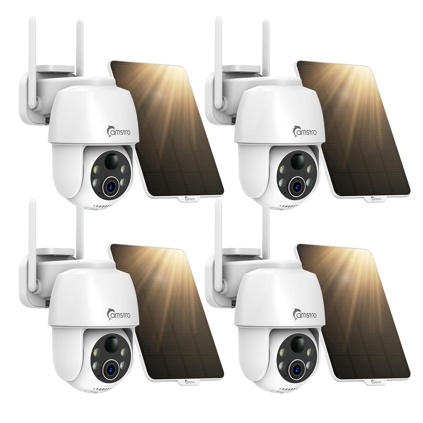 CAMSTRO Solar Security Cameras Wireless Outdoor 4 Pack, WiFi 6 with 4dBi Antenna for Whole-Home Coverage, 2K PTZ PIR Detection with Color Night Vision for Driveway, Garage & Backyard, Alexa & Google