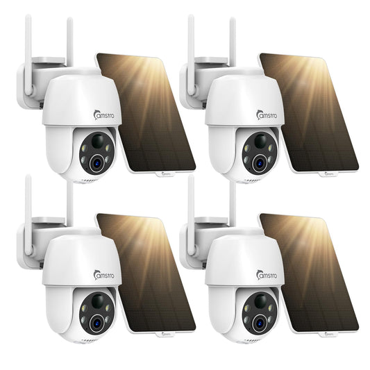CAMSTRO Solar Security Cameras Wireless Outdoor 4 Pack, WiFi 6 with 4dBi Antenna for Whole-Home Coverage, 2K PTZ PIR Detection with Color Night Vision for Driveway, Garage & Backyard, Alexa & Google