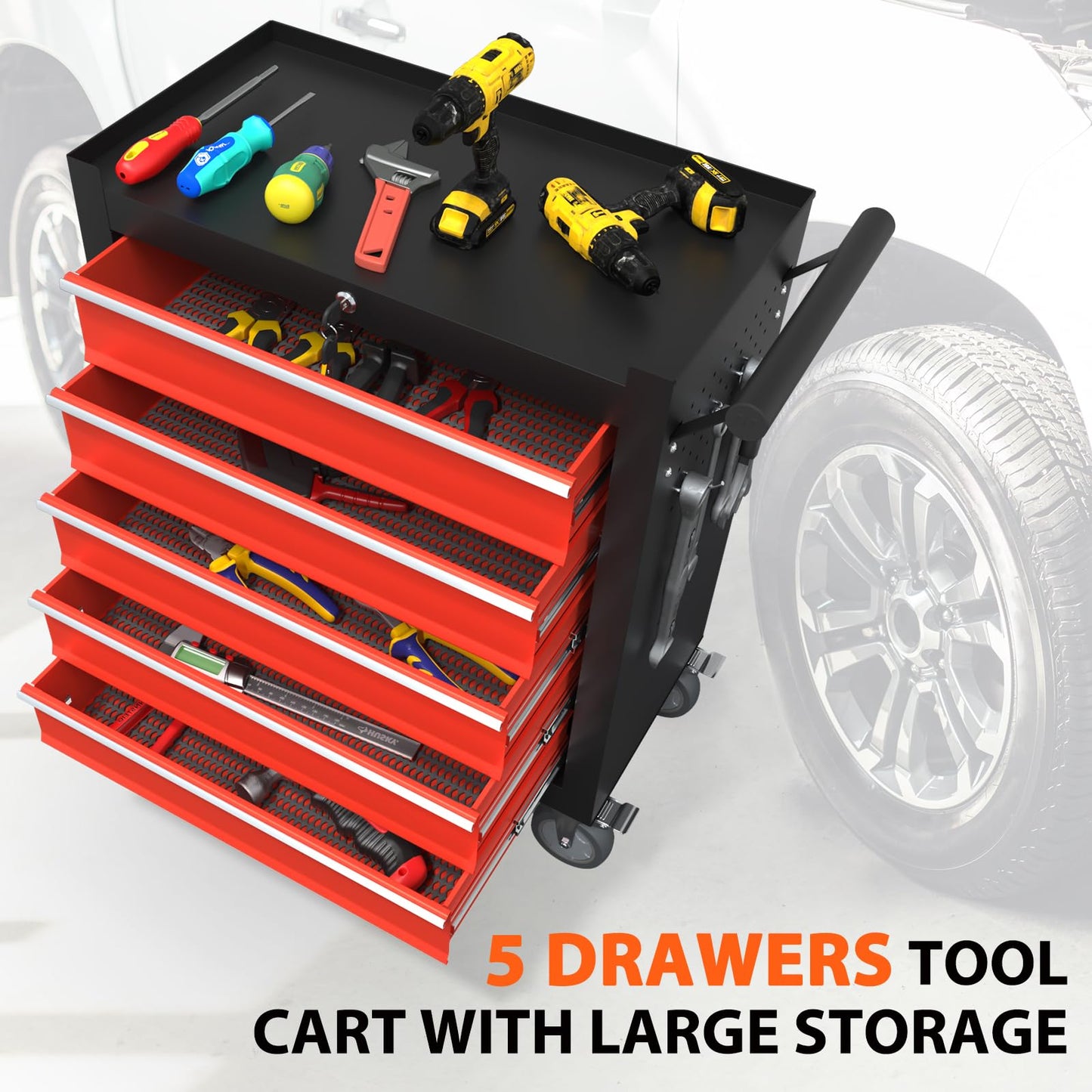 Granper 5-Drawer Rolling Tool Chest, Tool Box with 4 Wheels and Drawers, High Capacity Detachable Mobile Tool Storage Cabinet for Garage, Workshop, Mechanics and Repair Room (Blackred)