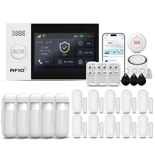Wireless Alarm System for Home Security,4.3in Touch Screen 24PcsWiFi+GSM/4G Door/Window Home Security System,APP Control,SOSButton,Remotes,Compatible with Alexa,Real-Time Alert & App Control