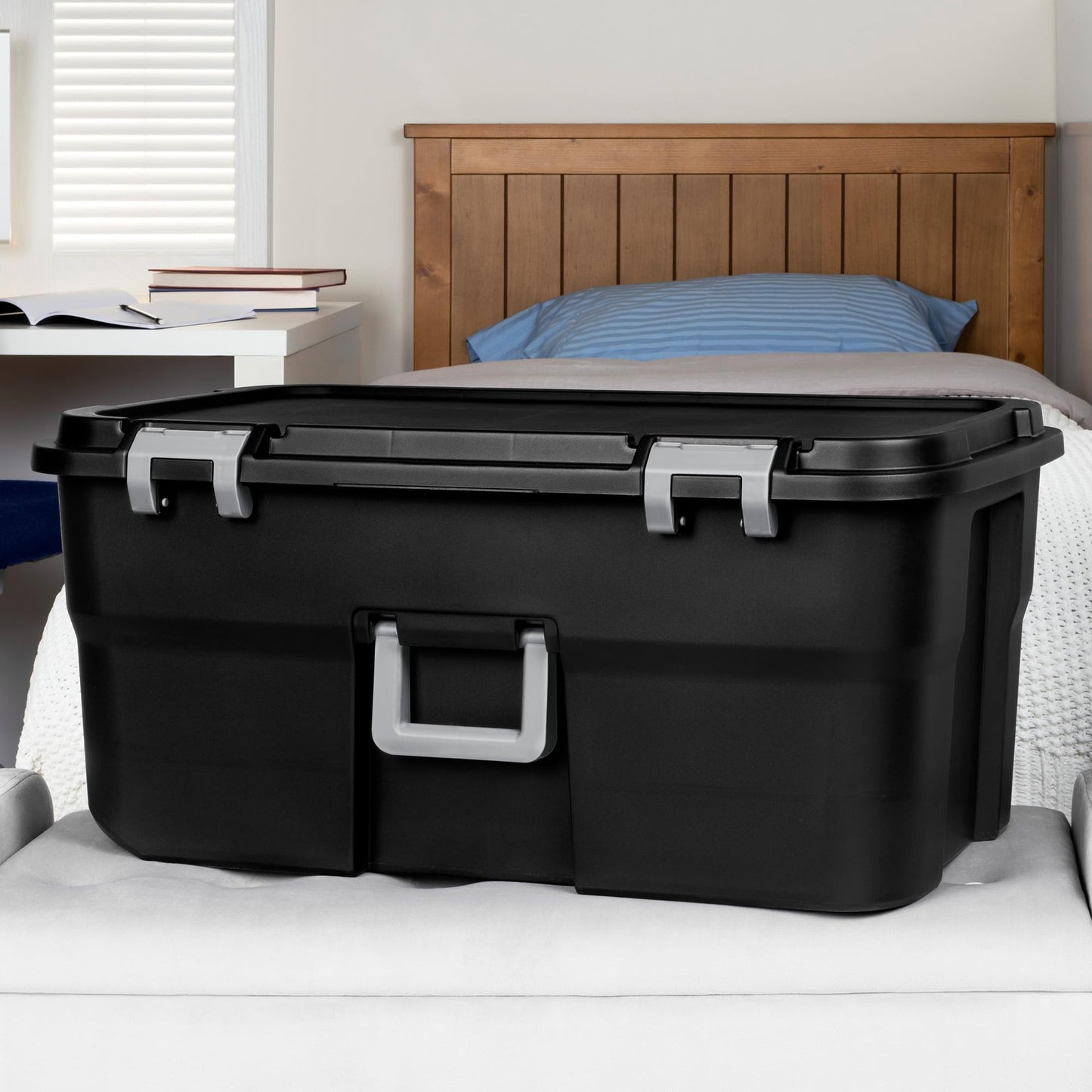 Sterilite 4 Pack Wheeled Footlocker, 22 Gallon Plastic Storage Container with Latching Lid and Handles, Black - Large Stackable Bin Home Organizer