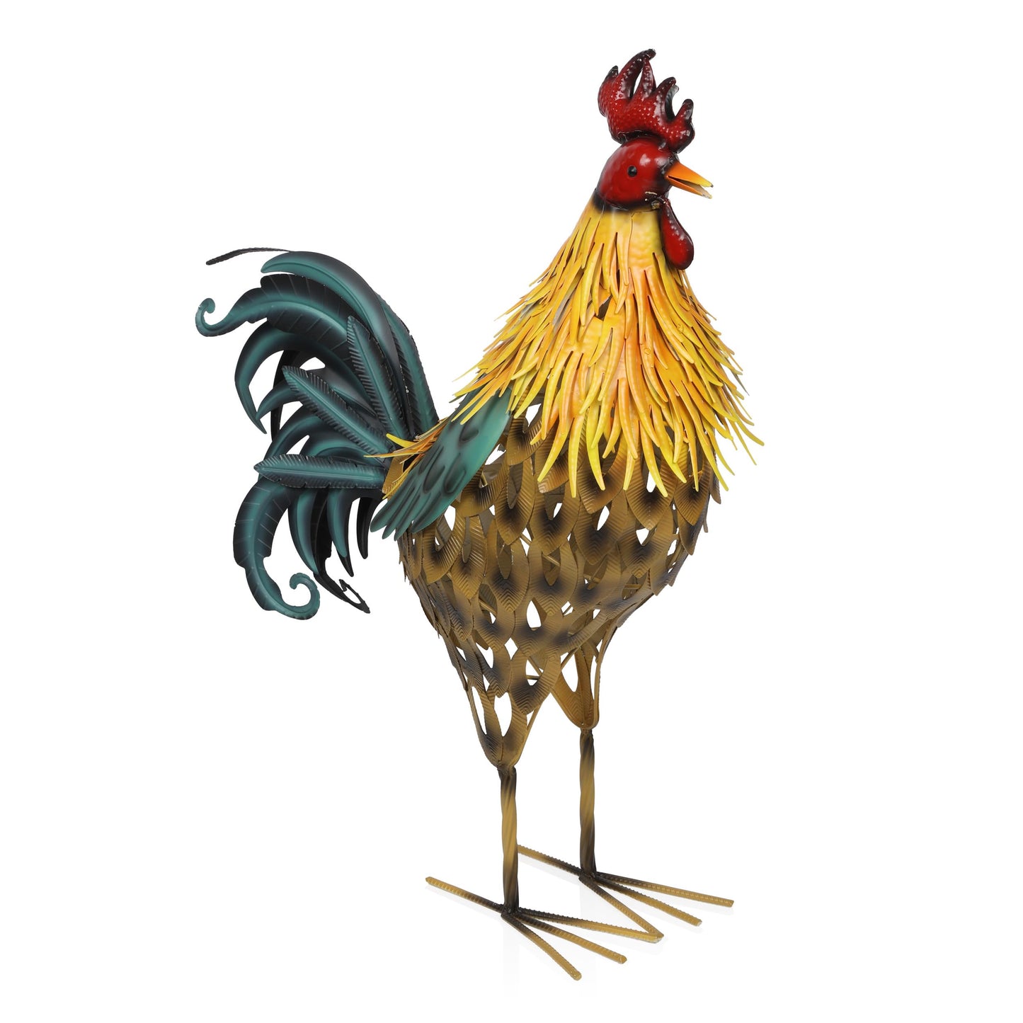 Alpine Corporation 28" Tall Outdoor Metal Feathered Rooster Statue with Vibrant Design, Garden Decor, Yellow