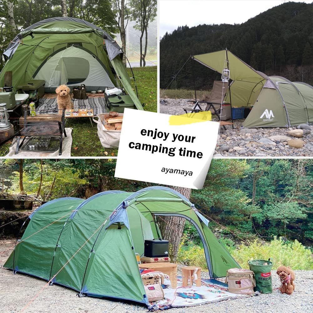 4 Person Tents for Camping, Ayamaya Tunnel Tent Camping with Vestibule 3-4 Person Waterproof, 2 Devided Rooms Bicycle Tent with Footprint for Bikepacking/Motorcycle Travel Hiking Mountaineering