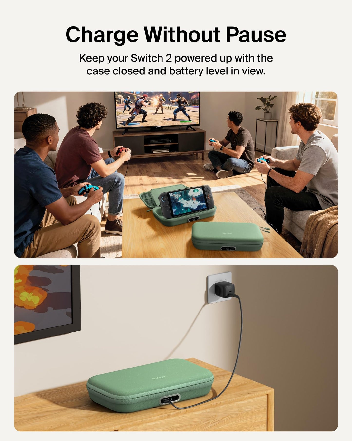 Belkin Nintendo Switch 2 Charging Case Pro, 10000mAh Power Bank, 30W Fast Charging w/Kick Stand - Custom Fit, Hard Shell Carrying Case, 12 Game Card Slots, AirTag Holder, Digital Display - Sage