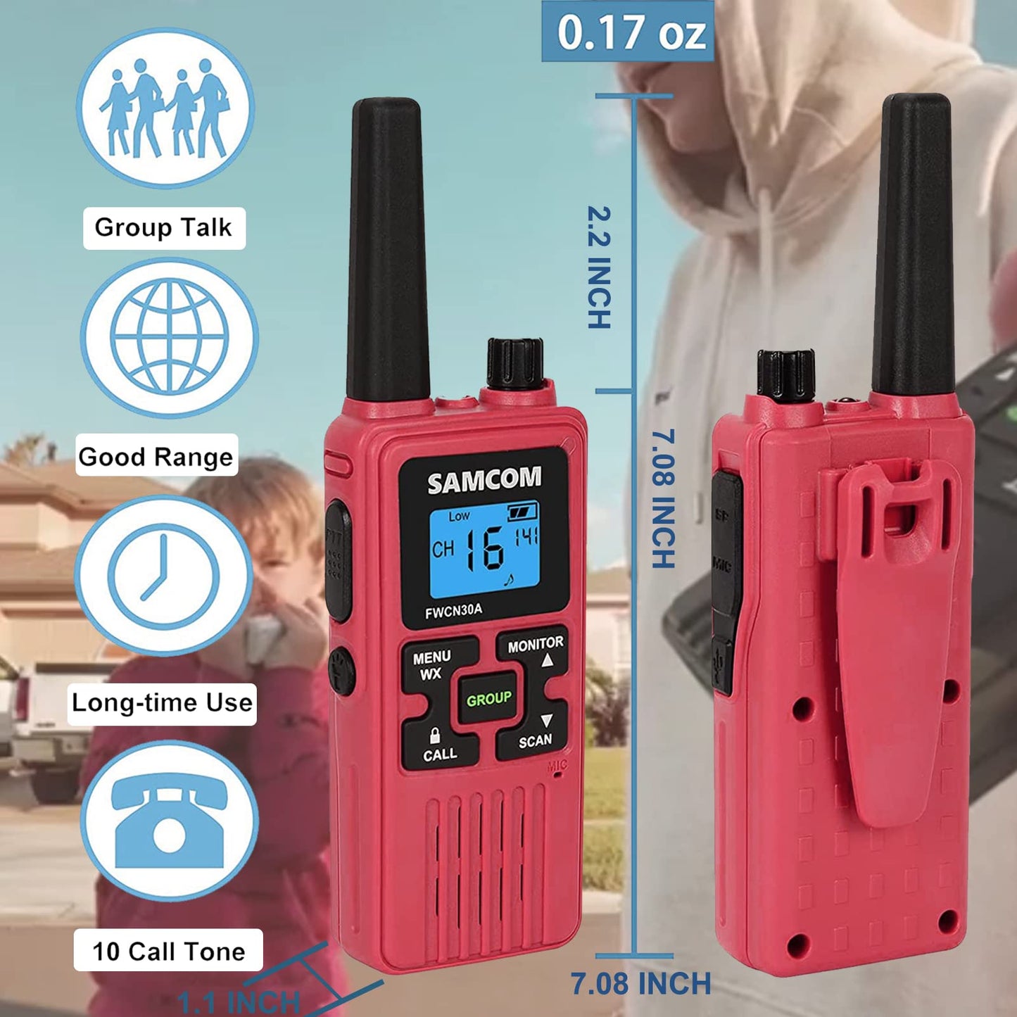 SAMCOM FRS Walkie Talkies Long Range, Two Way Radios for Adults Kids, 22 Channels 2 Way Radios Walky Talky with Earpiece and Mic Set, Group Call NOAA Alert 1250mAh USB Charge, 4 Colors