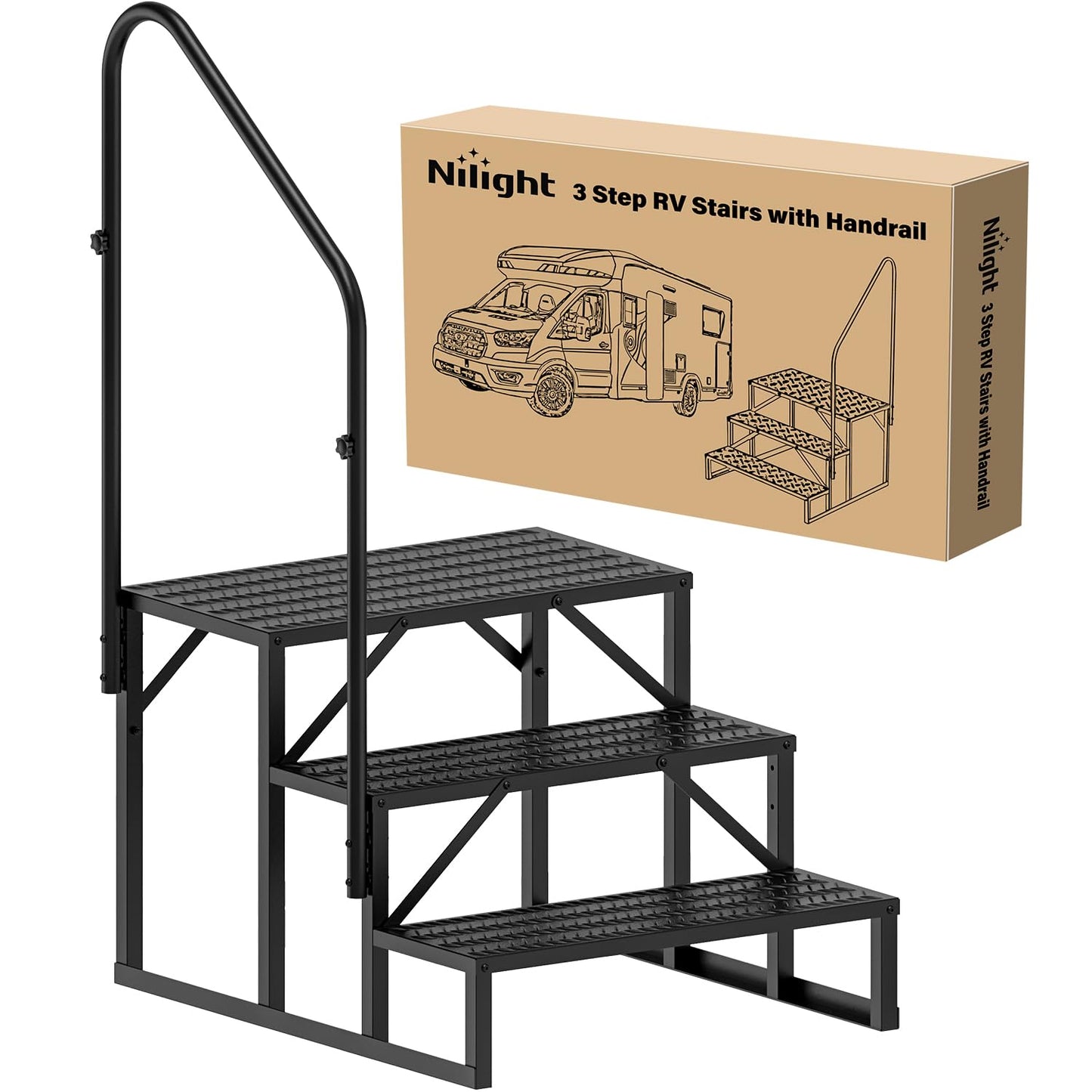 Nilight RV Steps with Handrail, 3 Steps Hot Tub Steps Outdoor RV Stairs Step Portable Mobile Motor Home Stairs for Camper Travel Trailers Dock Entry Steps 5th Wheel RV Porch with Anti-Slip Handrail