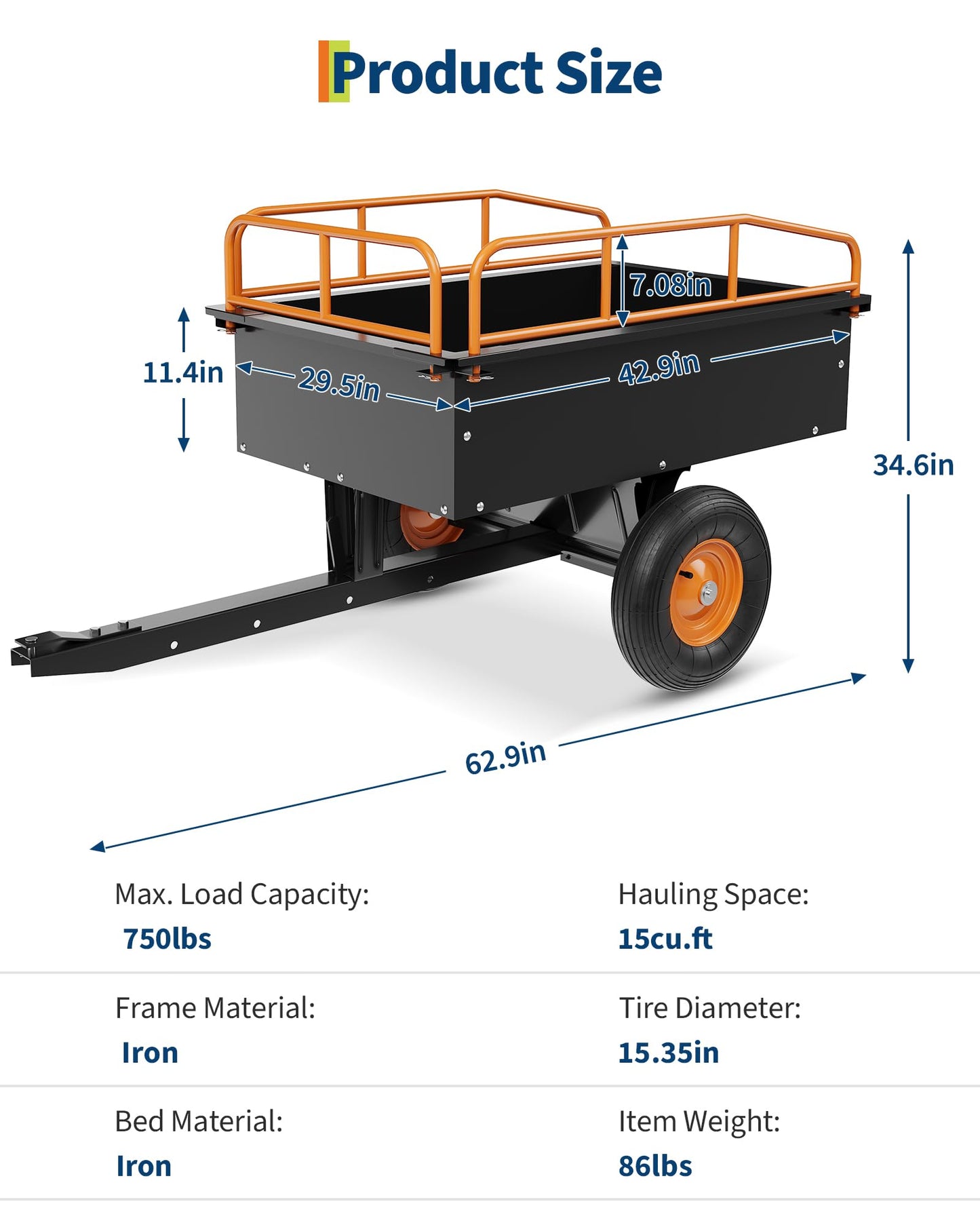 GarveeLife Heavy Duty ATV Trailer Steel Dump Cart, 750 LBS 15 Cubic Feet, Garden Utility with Removable Sides for Riding Lawn Mower Tractor