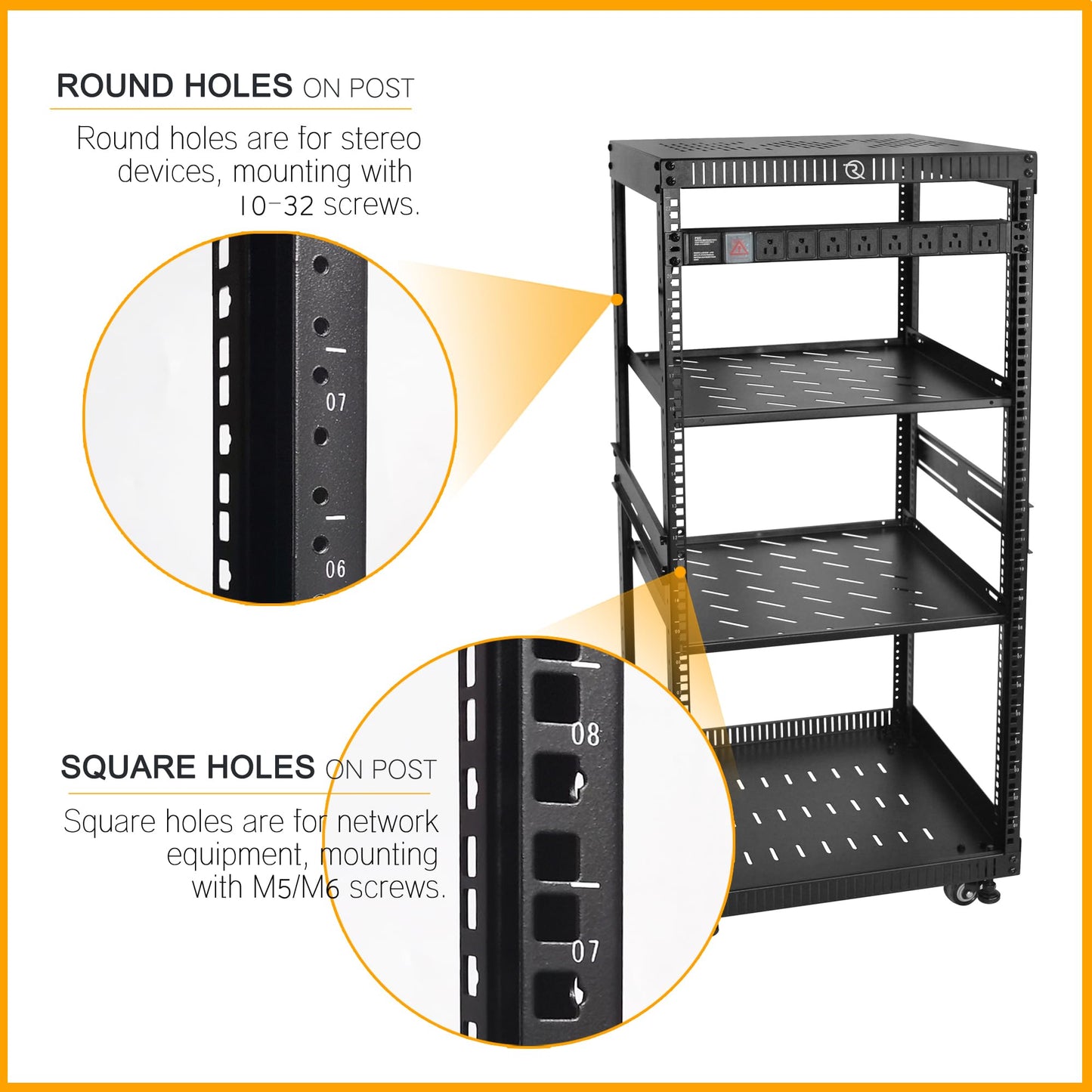 RIVECO 22U Network Rack with Top & Bottom Vented Plates 4 Rolling Wheels Floor Standing Rack for 19" Equipment & Stereo Gear Including 2PCS Rack Shelves & Rail Mount PDU &16" Depth Rack Shelves 2PCS