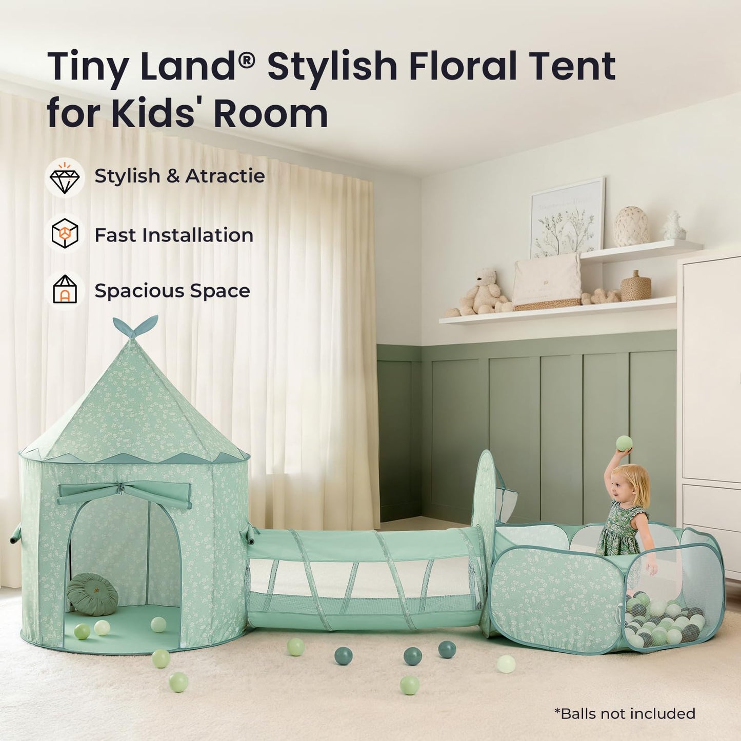 Tiny Land Kids Tent with Mat, Kids Play Tent for Toddlers, 3-in-1 Kids Play Tunnel with Ball Pit & Tent, Pop Up Crawl Tunnel for Toddlers