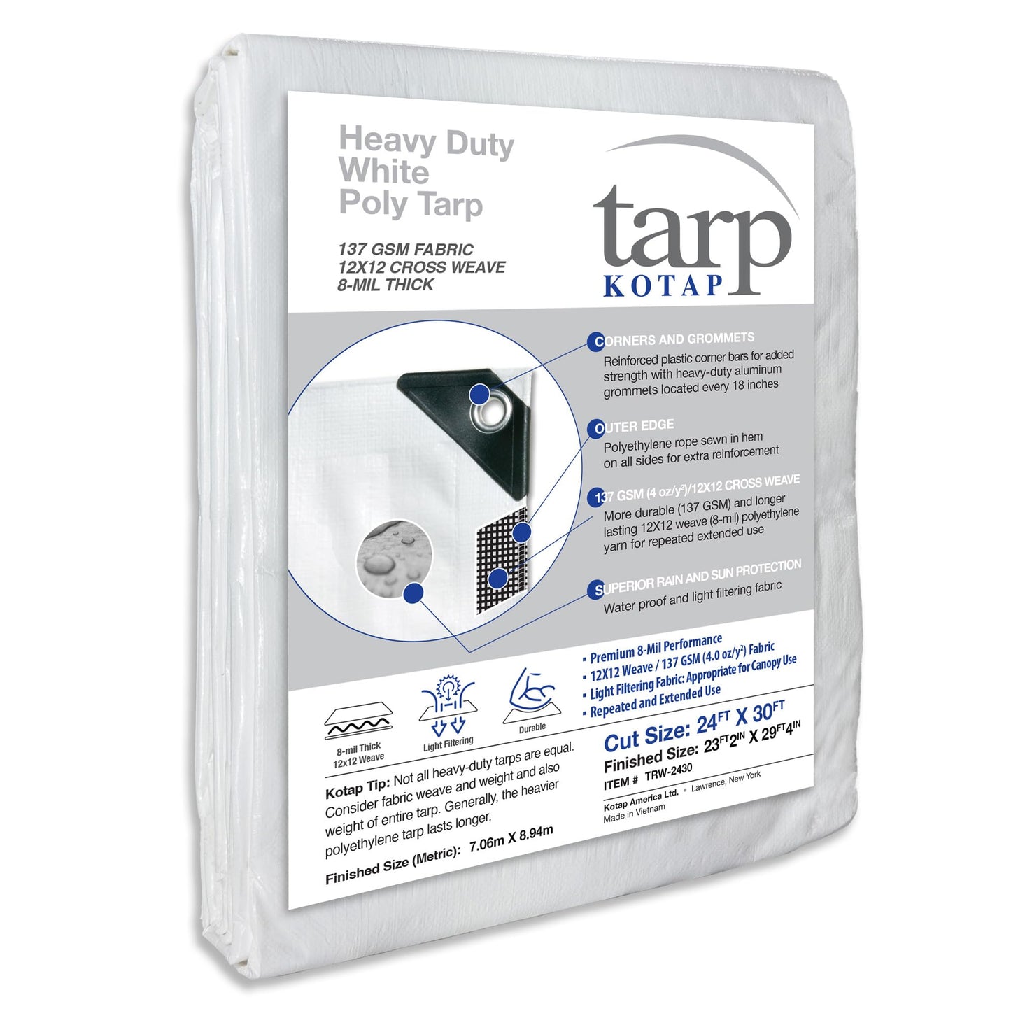 Kotap 24 x 30 Ft. Heavy-Duty Protection/Coverage Tarp, Superior Weave for Greater Longevity 8-mil, Multi-Use, Waterproof, White, 1-Pack (TRW-2430)
