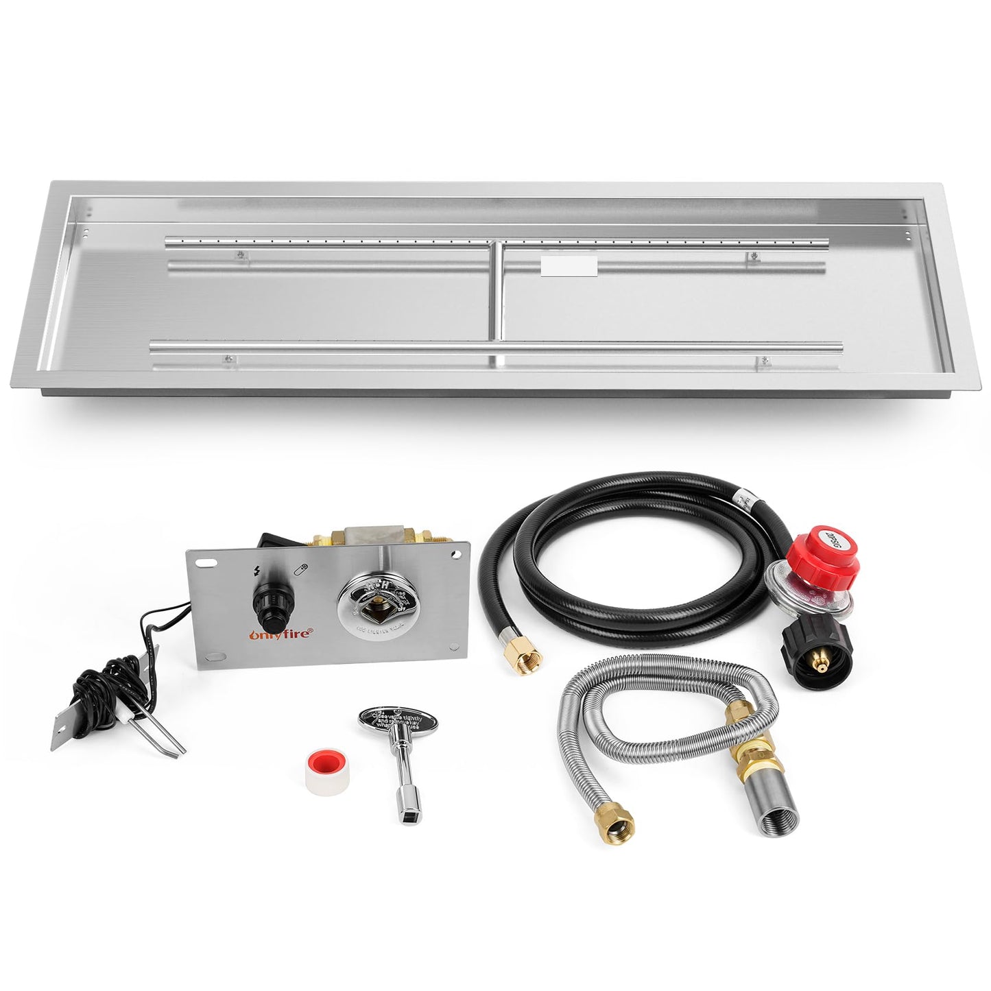 Onlyfire 48 x 14 Inch Drop-in Fire Pit Pan Kit, Rectangular Stainless Steel Propane Gas Firepit Pan Kit with H Burner, Spark Ignition and Propane Hose Kit for Indoor or Outdoor DIY Fire Pit Fireplace