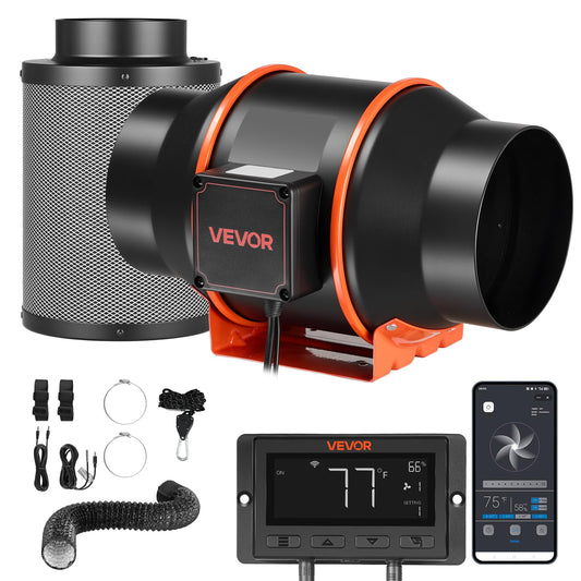 VEVOR Inline Duct Fan Kit Carbon Filter, 402 CFM 6 inch EC Motor Exhaust Ventilation Fan with 10-Speed, PWM Controller, App Control, Timer, Cooling System for Grow Tent, Indoor Gardening, Hydroponics