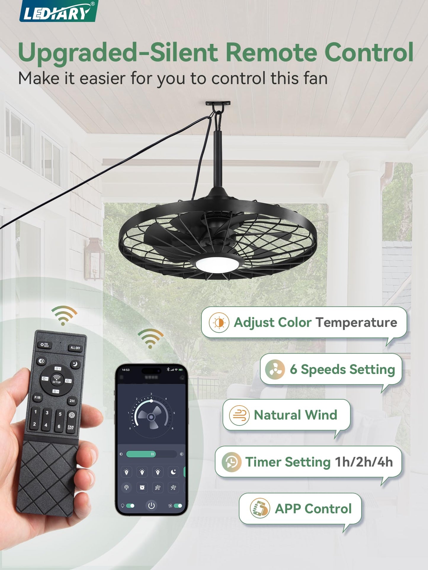 LEDIARY 24" Outdoor Ceiling Fan with Lights,IP65 Waterproof Gazebo Hanging Fan with Remote Control Smart App, Plug in Caged Ceiling Fan with 3CCT 6-Speeds for Patio Porch Pergola(Black)