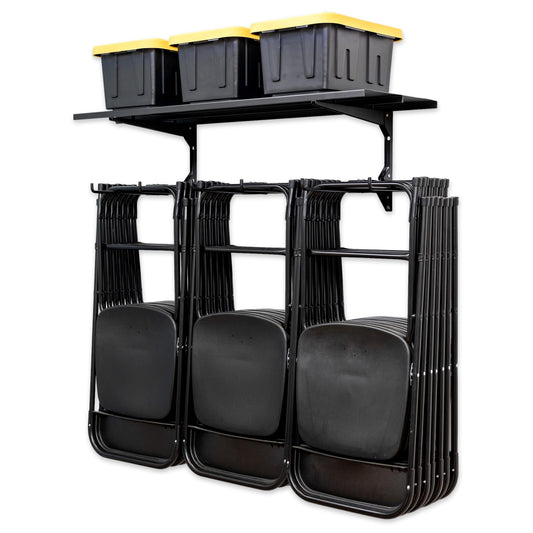 StoreYourBoard Chair Storage Rack with Storage Shelf – Folding Chair Rack for Home & Garage Organization, Chair Hangers for Folding, Beach, Patio & Camping Chairs, Heavy Duty Steel, Holds 300 lbs