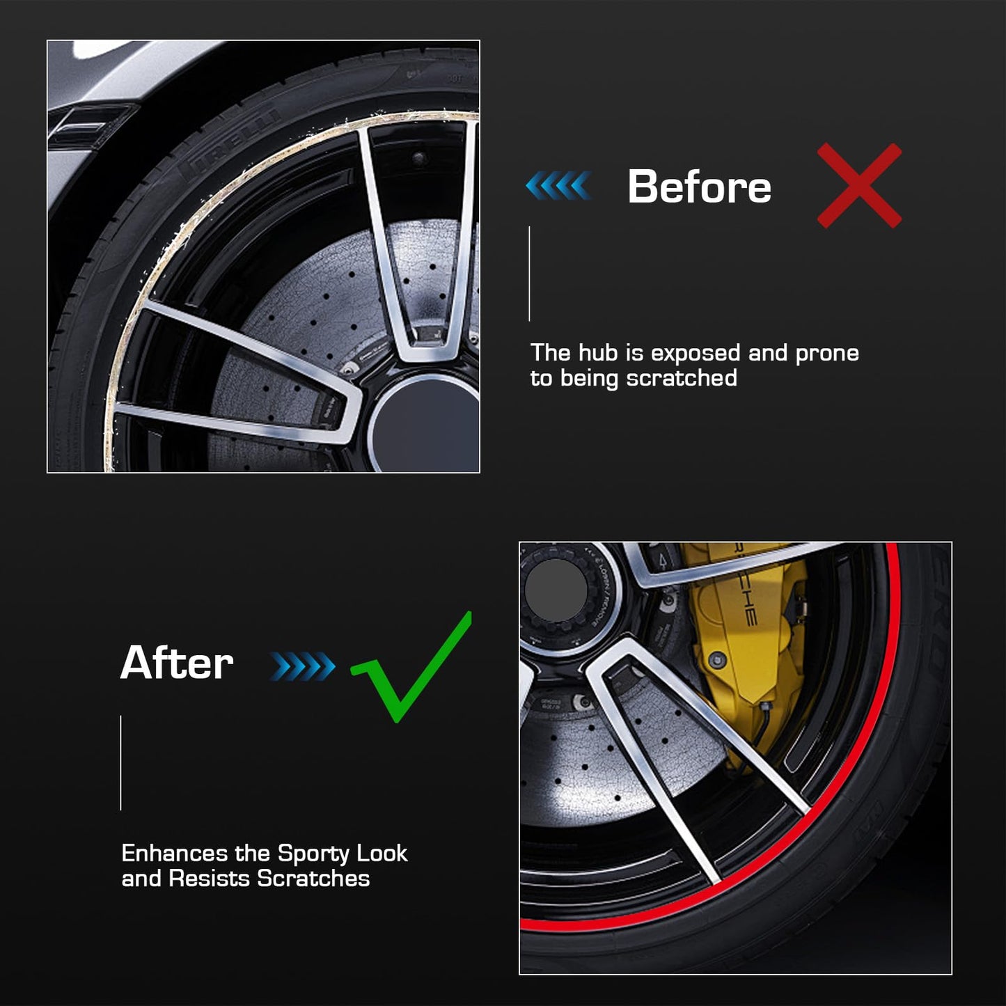 Starxi Automotive Alloy Wheel Rim Protector - Covering The Entire Rim of The Wheel hub - Strips for Curb Rash Prevention - Set of 4 Rim Protector Easy to Install (Red, 17 Inch)