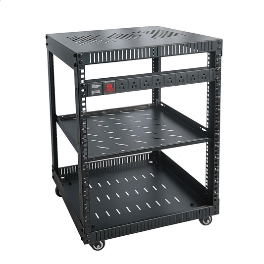 RIVECO 12U Network Rack with Reinforced Top Cover - 4 Post Floor Rack on Wheels for 19" Equipment & Stereo Gear- Including Rack Mount Power Strip & 1PCS 1U Rack Shelf