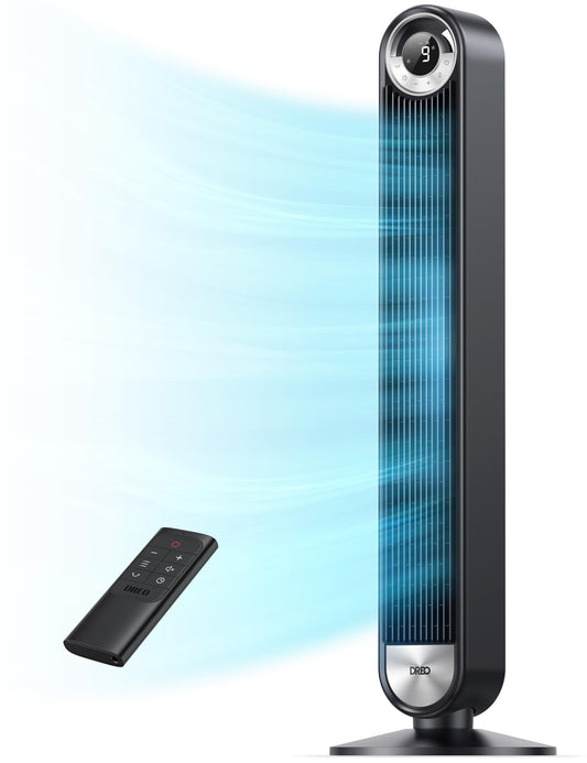 DREO Tower Fan for Bedroom, Upgraded DC 9 Speeds 20dB Ultra-Quiet Floor Fan, 90° Oscillating Fans with 28ft/s Velocity, 12H Timer, Standing Fan, Bladeless Fan Powerful for Home, Black