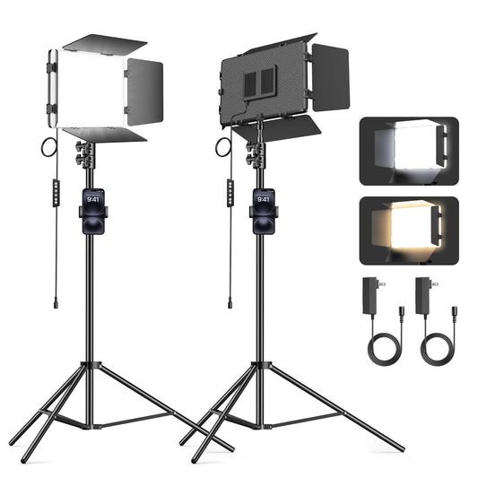 Scrhot 2 Pack LED Video Light Kit 79'' Tripod Light Stand, 30W 3000Lux Photography Light with Barndoor, CRI 98+ 2500K-8500K Studio Lights Panel Podcast Lighting for Video Recording/Game Live Streaming