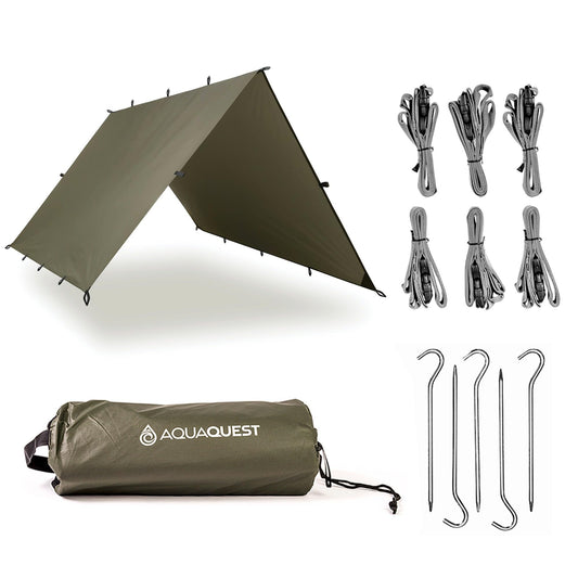 AquaQuest Defender Tarp – Heavy‑Duty Waterproof (20,000 mm) Seam‑Taped Rain Fly for Camping, Bushcraft & Survival – 10×10 Olive Drab Kit