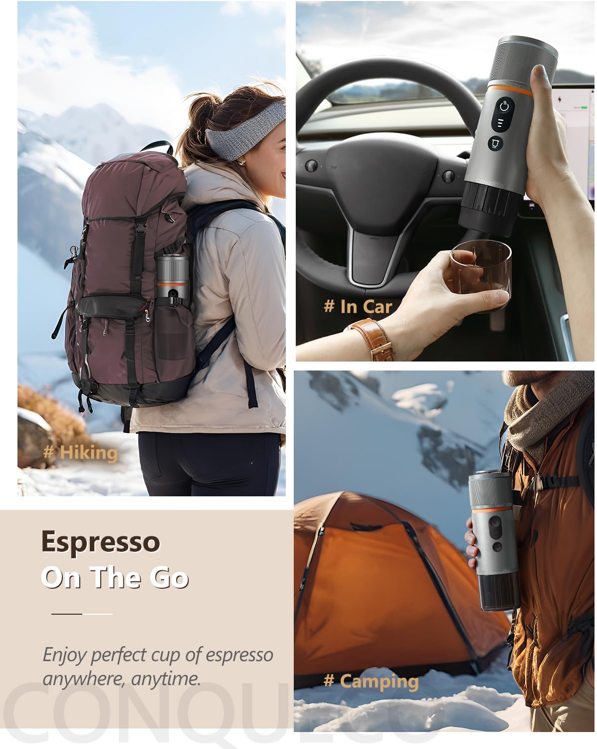CONQUECO Portable Espresso Machine Travel: 12v Car Coffee Maker Set with Battery for Camping - Small Electric - 2.5 Mins Heating - With Ground Coffee & NS Capsule & Handbag for RV, Hiking, Office
