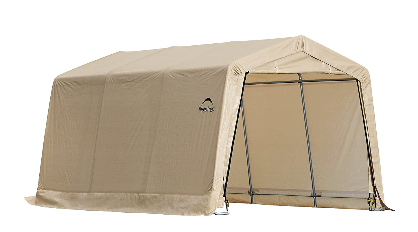 ShelterLogic 10' x 15' x 8' Peak Style Roof Instant Garage Carport Car Canopy with Steel Frame and Waterproof UV-Treated Cover, Sandstone | ShelterLogic ShelterAuger 4-Piece 30-Inch Reusable Heavy Duty Steel Earth Auger Anchor Kit with 4 Clamp-on Wire Tie