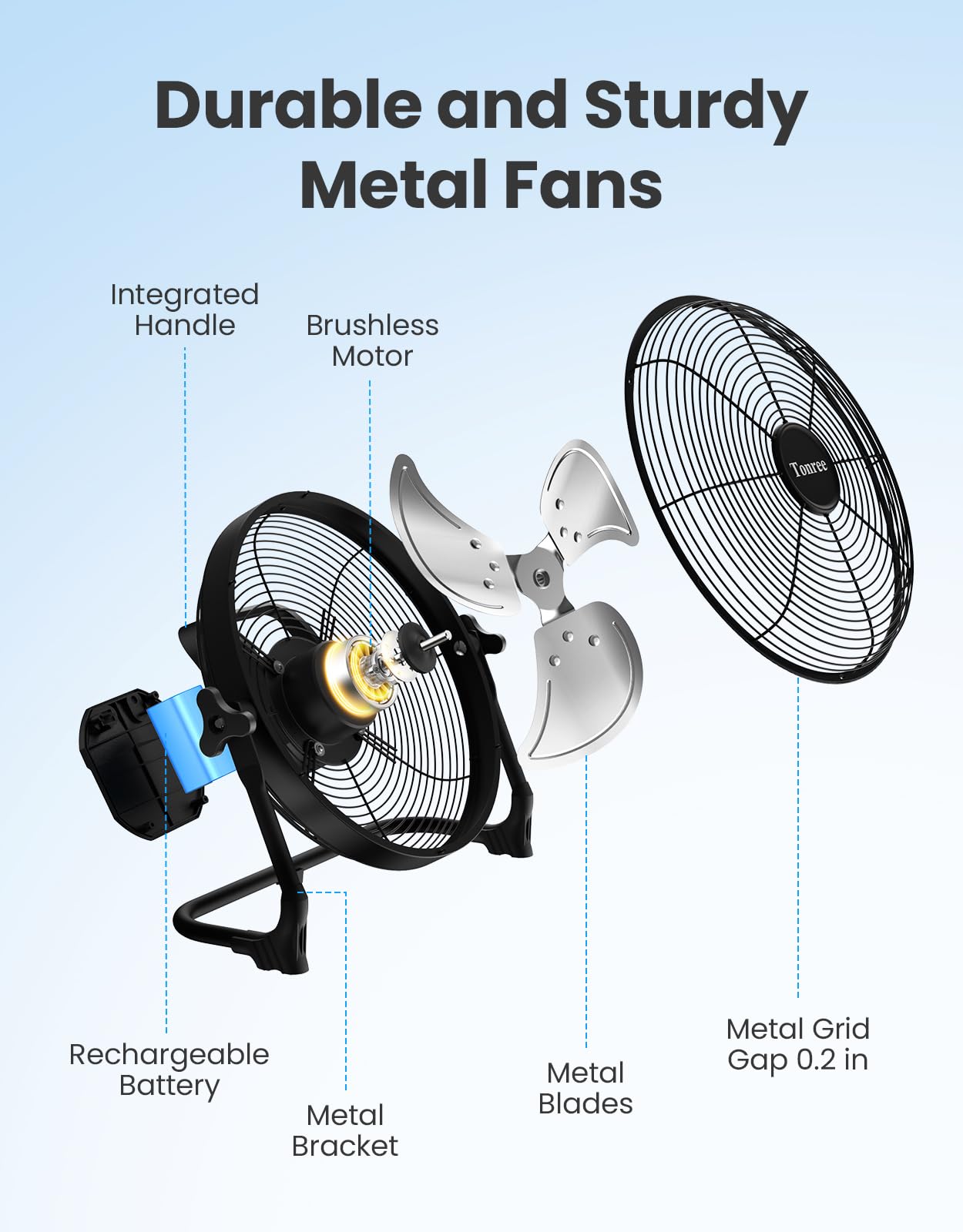 Tonree 18" Portable Battery Operated Floor Fan, Hi-Velocity Rechargeable Cordless Fan, USB Phone Charge, 12-60H Runtime, Quiet, Wireless, Hi-Airflow, For Camping Home Gym Patio Outdoor Summer Gazebo