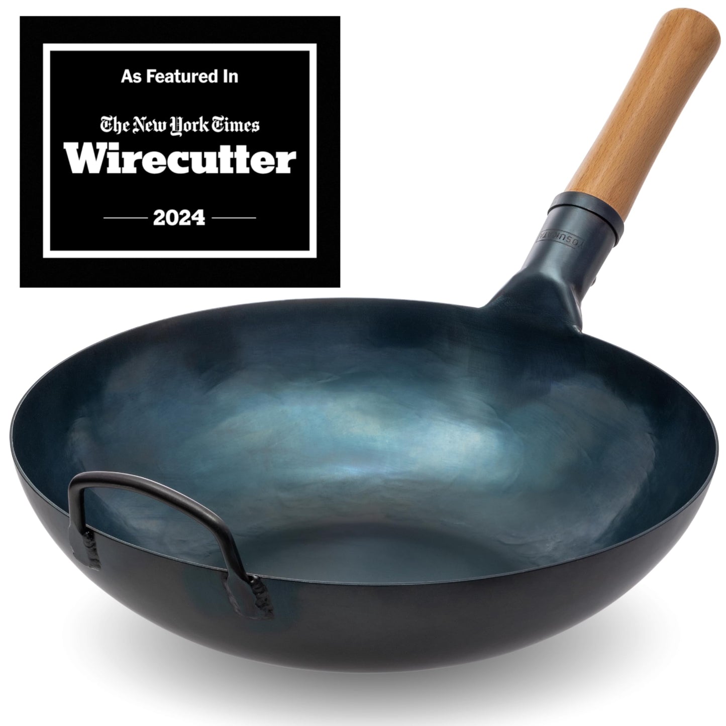 YOSUKATA Flat Bottom Wok Pan - 13.5" Blue Carbon Steel Wok PLUS 17" Wok Spatula and Ladle Skimmer Spoon - Stainless Steel Cooking Utensils Set of 3
