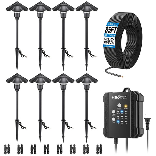 HIBOITEC All-in-One Low Voltage Pathway Lighting Kit, 8 Pack 3W Landscape Lights with 65W Transformer 85FT Wire and Connectors, Aluminum Waterproof Outdoor Landscape Lighting for Walkway Garden Yard