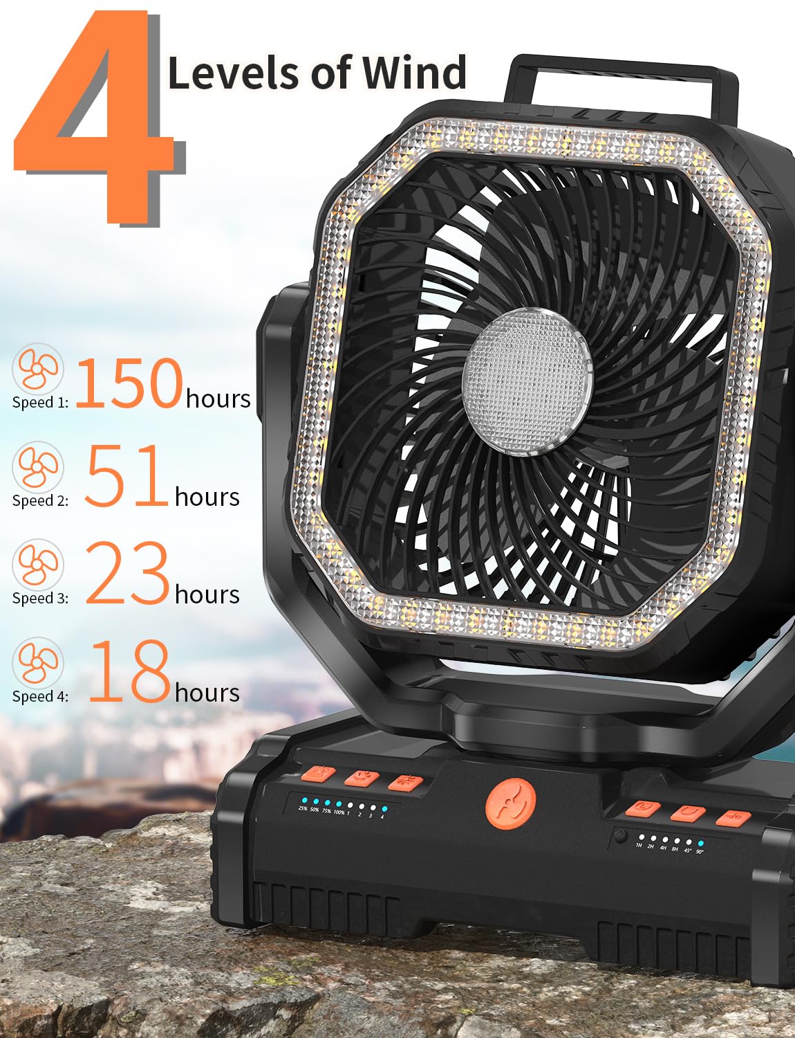 EEIFO 12 Inch Camping Fan,40000mAh Portable Fan with LED Lantern Light,Cool white & Warm White Dimmable Fans, Oscillating Fan with 360° Rotation Hanging Hook for Tents, Cordless USB Desk Fan(Black)