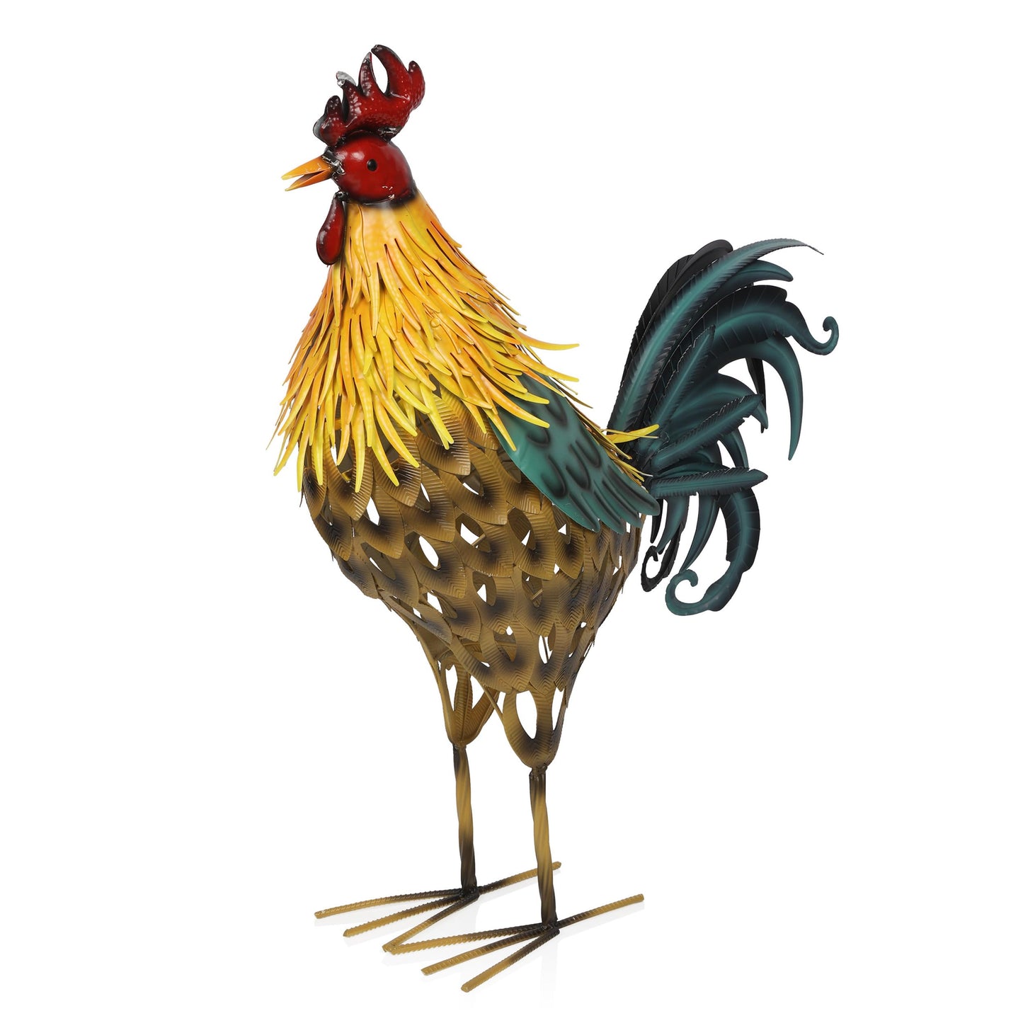 Alpine Corporation 28" Tall Outdoor Metal Feathered Rooster Statue with Vibrant Design, Garden Decor, Yellow