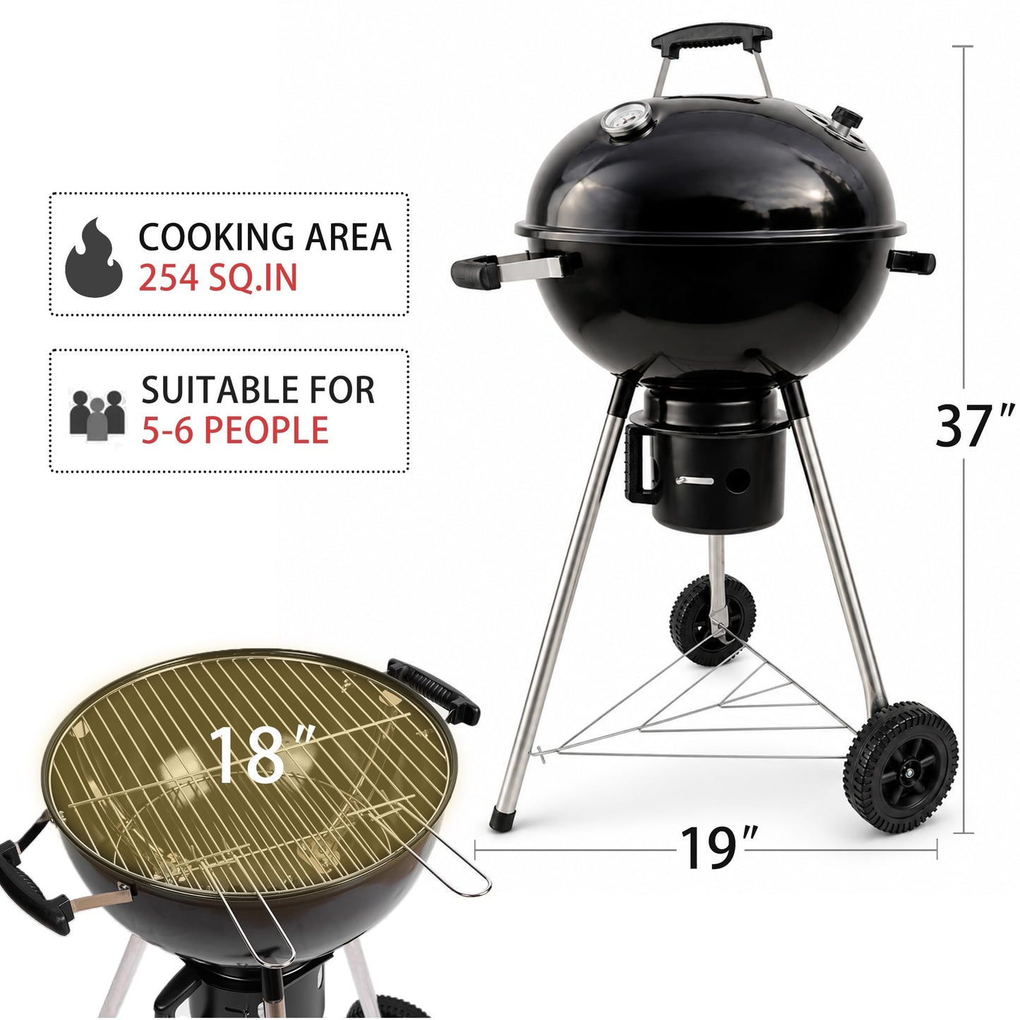 18-Inch Kettle Charcoal Grill with Lid & Wheels, Beginner-Friendly BBQ Grill for Backyard, Patio & Family Cookouts, Easy-to-Use Outdoor Charcoal Grill with Ash Catcher