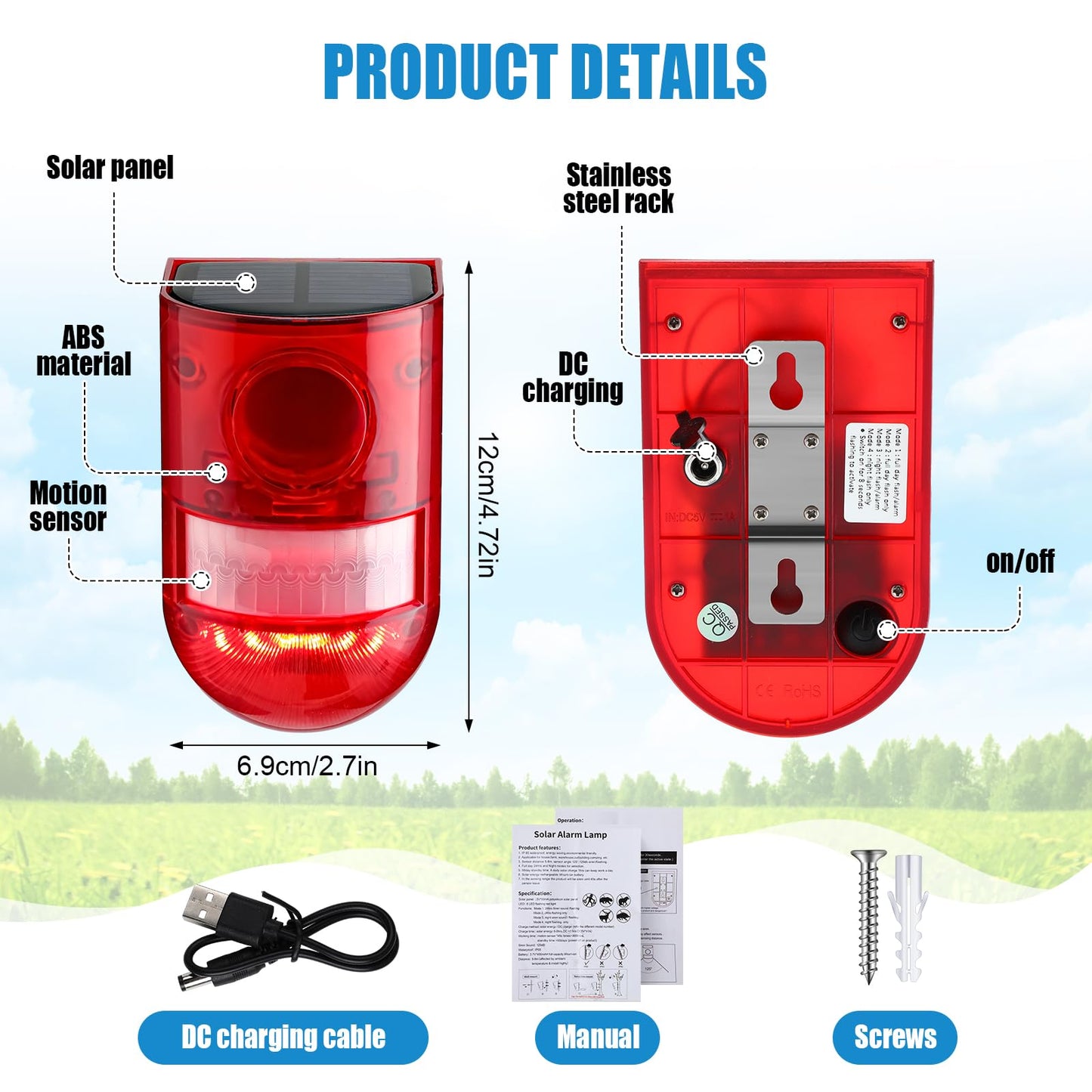 Qualirey Solar Sound and Light Alarm Motion Sensor 129db Outdoor Security Siren Waterproof Activated Detector Driveway Alarm 6 LEDs Flash Warning Deterrent Strobe System for Home, Farm(Red,8 Pack)