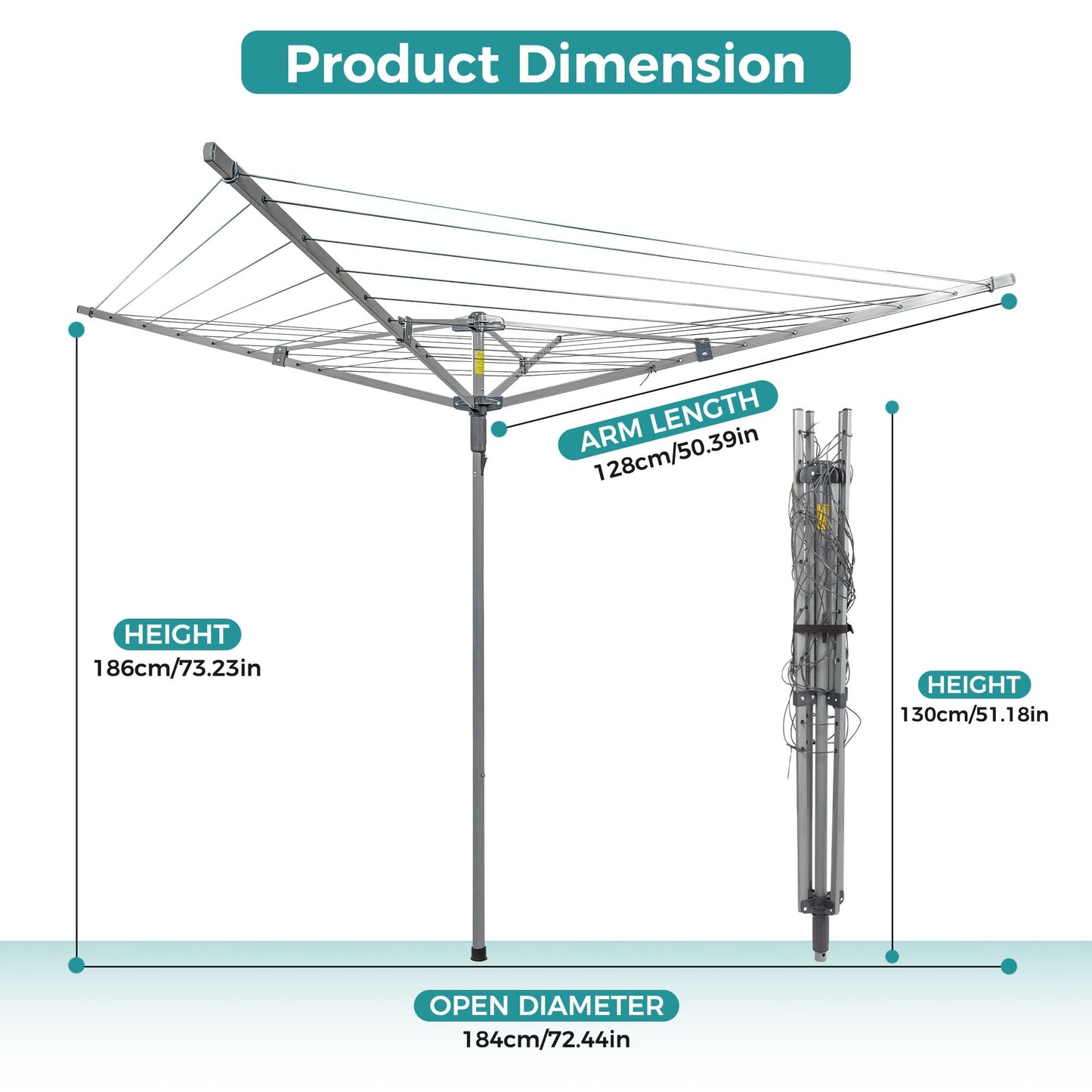 Suptinwear Outdoor Umbrella Clothes Drying Rack, 40m / 131ft Drying Space, 4-Arm Collapsible Steel Umbrella Clothesline with Adjustable Height for Laundry, Backyard & Patio
