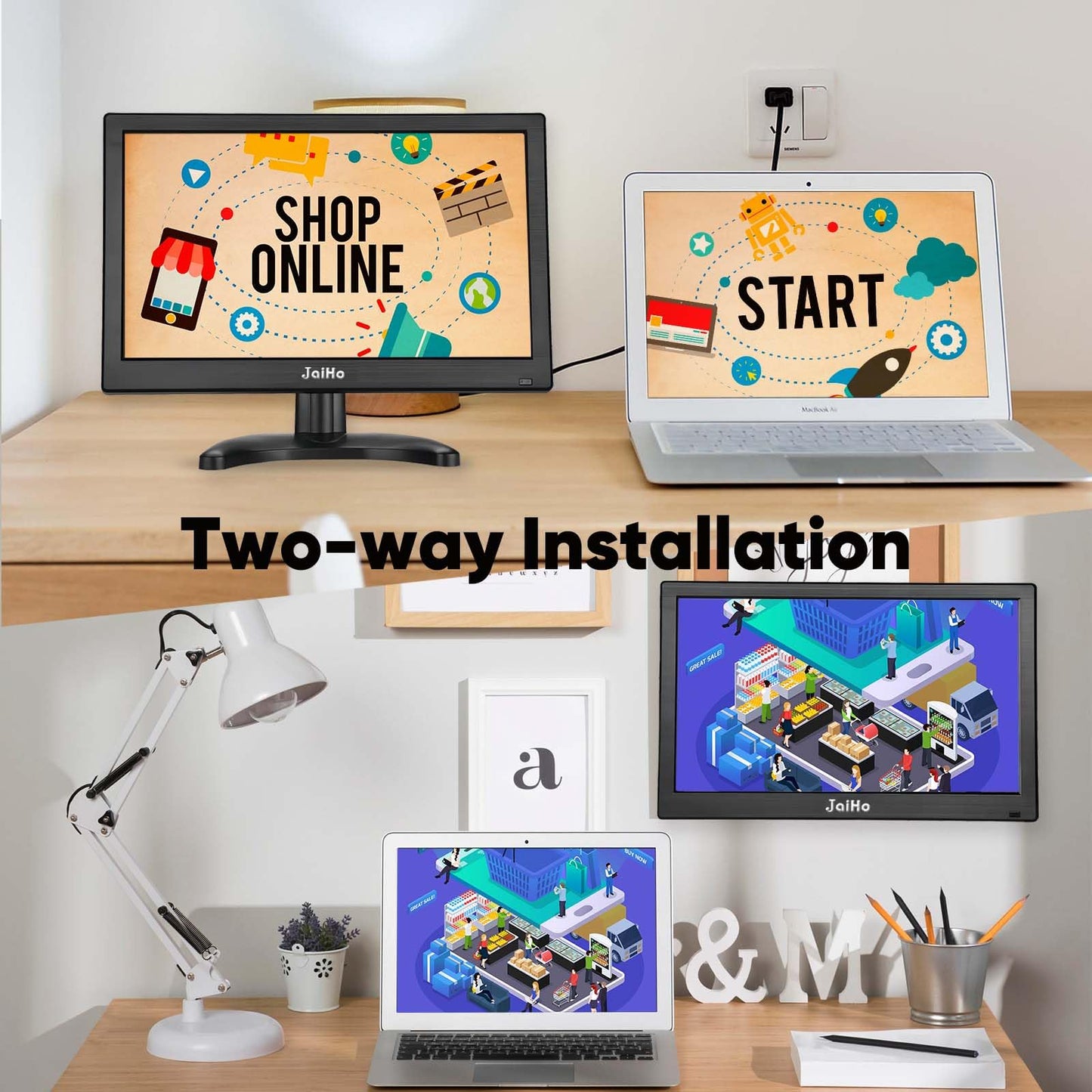 JaiHo 13.3-Inch IPS LED Security Monitor, 1080P Full HD Portable Screen with Metal Housing & Mirror Flip, BNC HDMI VGA AV USB, Small HDMI Monitor with Built-in Speakers for PC Raspberry Pi