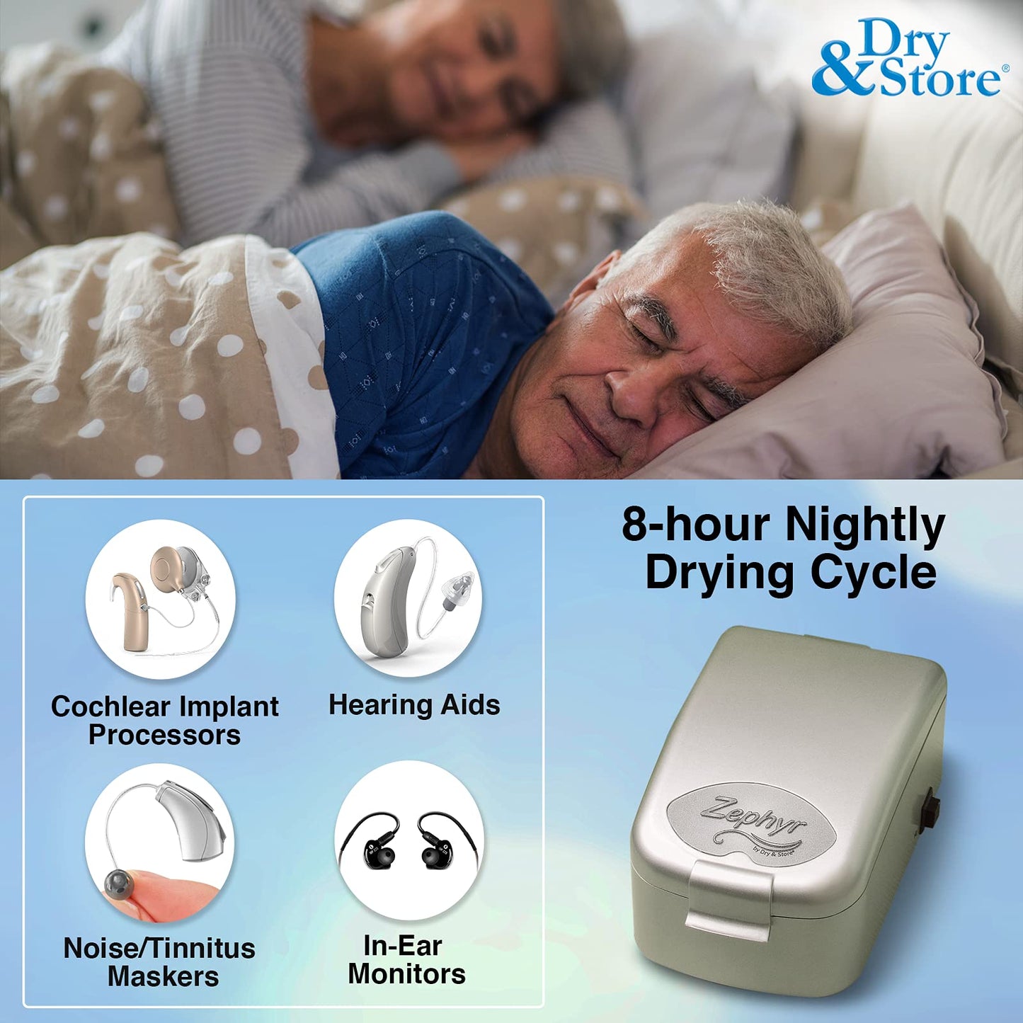 Zephyr by Dry & Store Hearing Instrument Dryer/Dehumidifier | for Care and Maintenance of Hearing Aids | Cochlear Processors | in-Ear Monitors