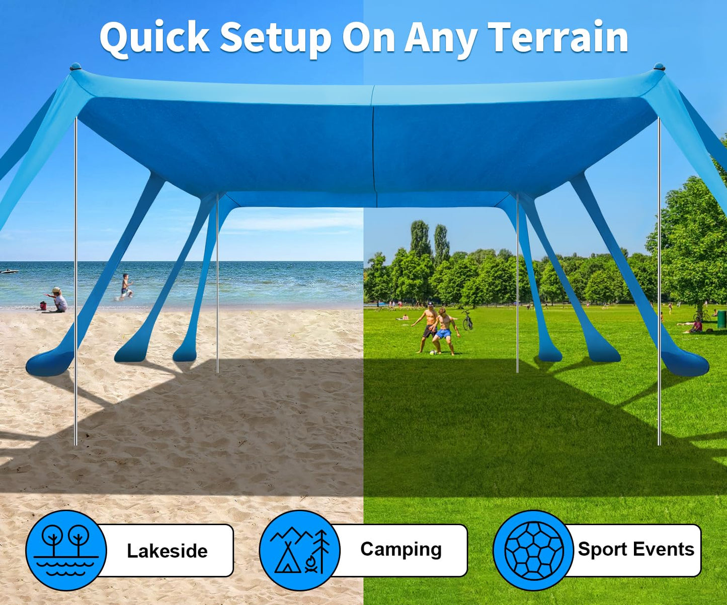 VVBE Beach Tent Sun Shelter 13x10FT, UPF50+ Outdoor Shade Canopy with 10 Sandbags, Sand Shovel, Ground Pegs & Stability Poles, Portable Beach Tent for Camping Fishing Picnics Travel