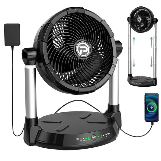 40000mAh Battery Fan with 65H Runtime, 12" High-Velocity 4-Speed Floor Fan, 18-34.6" Dual Stand Height Adjustable & 180°Tilt, Dual Outputs, Cordless for Indoor, Outdoor Camping, Travel, Power Outage