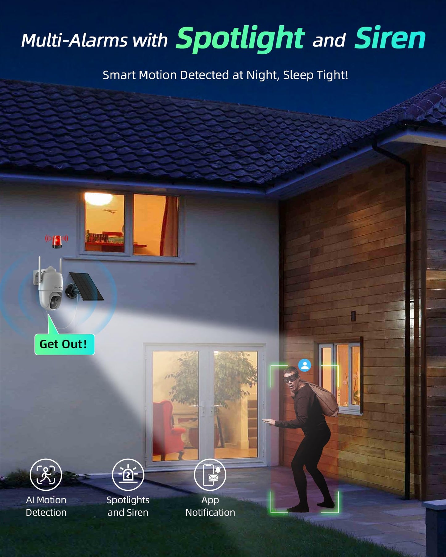 MaxiViz 2K Solar Camera Security Outdoor, 100% Wire-Free Security Cameras Wireless Outdoor with Solar Panel, 360° Panoramic View, Color Night Vision, AI Motion Detection, IP66 Weatherproof, 2 Pack