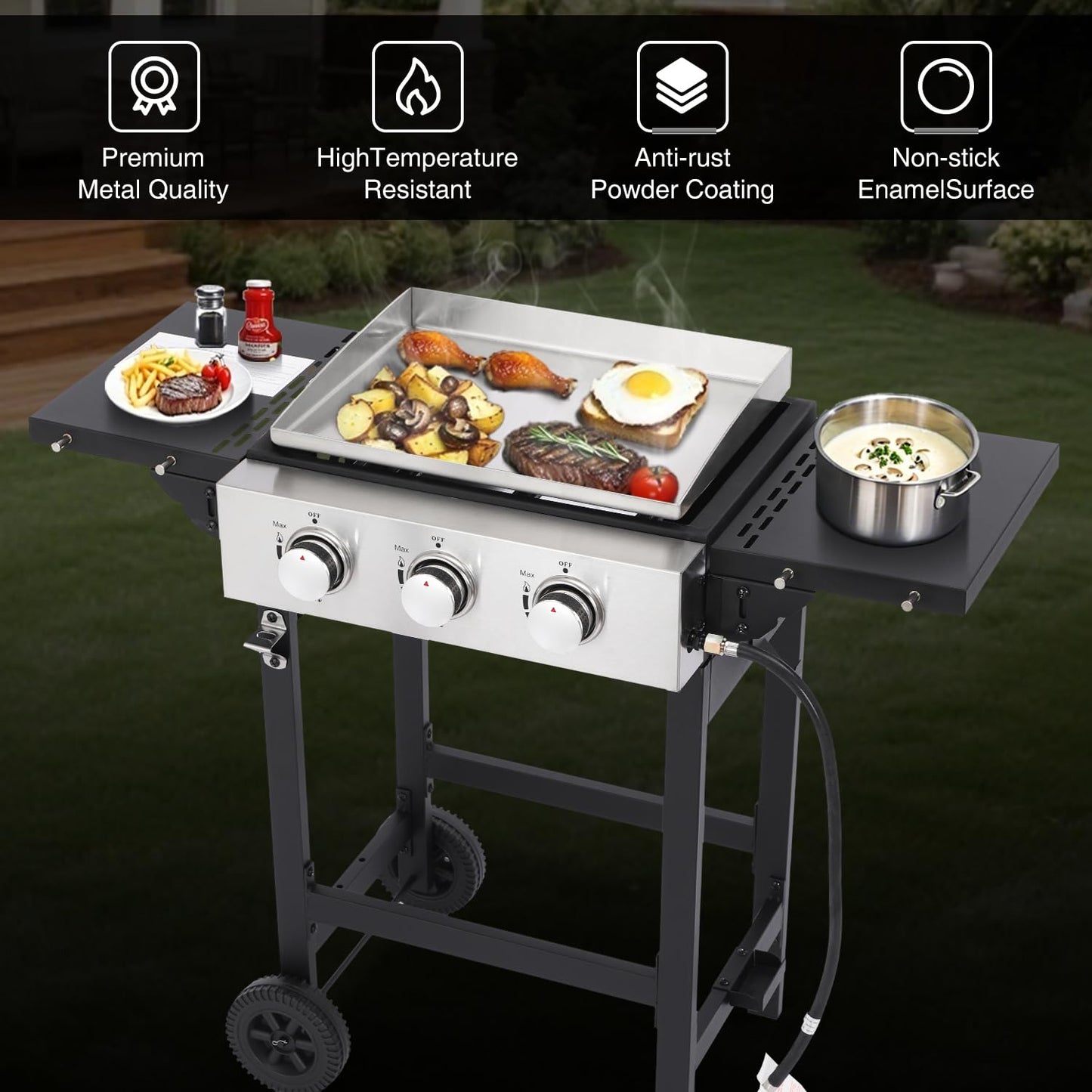 GRILL DEPOTS Gas Grill Griddle Combo with 3 Burners - Propane Grill on Cart - Stainless Steel 30,000 BTU -Camping Grill with 2 Foldable Tables, Cover - Outdoor Cooking Station for BBQ Backyard