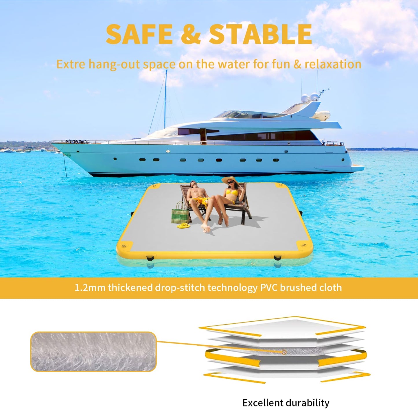 GONFLABLE Inflatable Floating Dock for Adult, 6x6ft Inflatable Water Platform Raft with Air Pump& Storage Bag, Floating Island Mat for Pool Lake Beach Ocean (Yellow, 6 x 6ft)