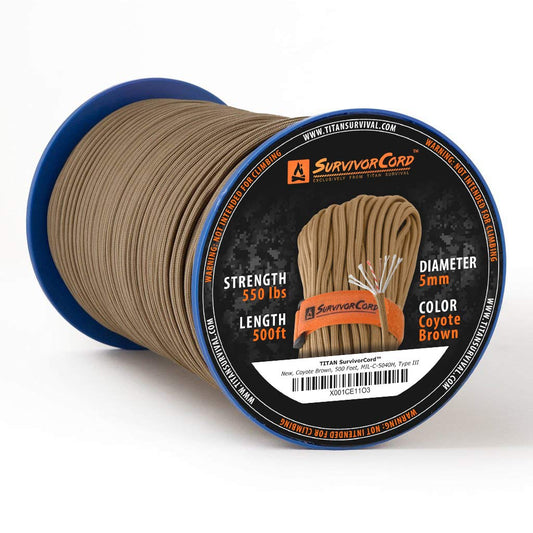 TITAN Survival Patented Paracord 550 - 25ft, 100ft, 500ft & Color Options - 620LB Strength Survival Paracord Military Spec with 3 Strands - Heavy Duty Hank Cord for Camping & Outdoors with Firestarter