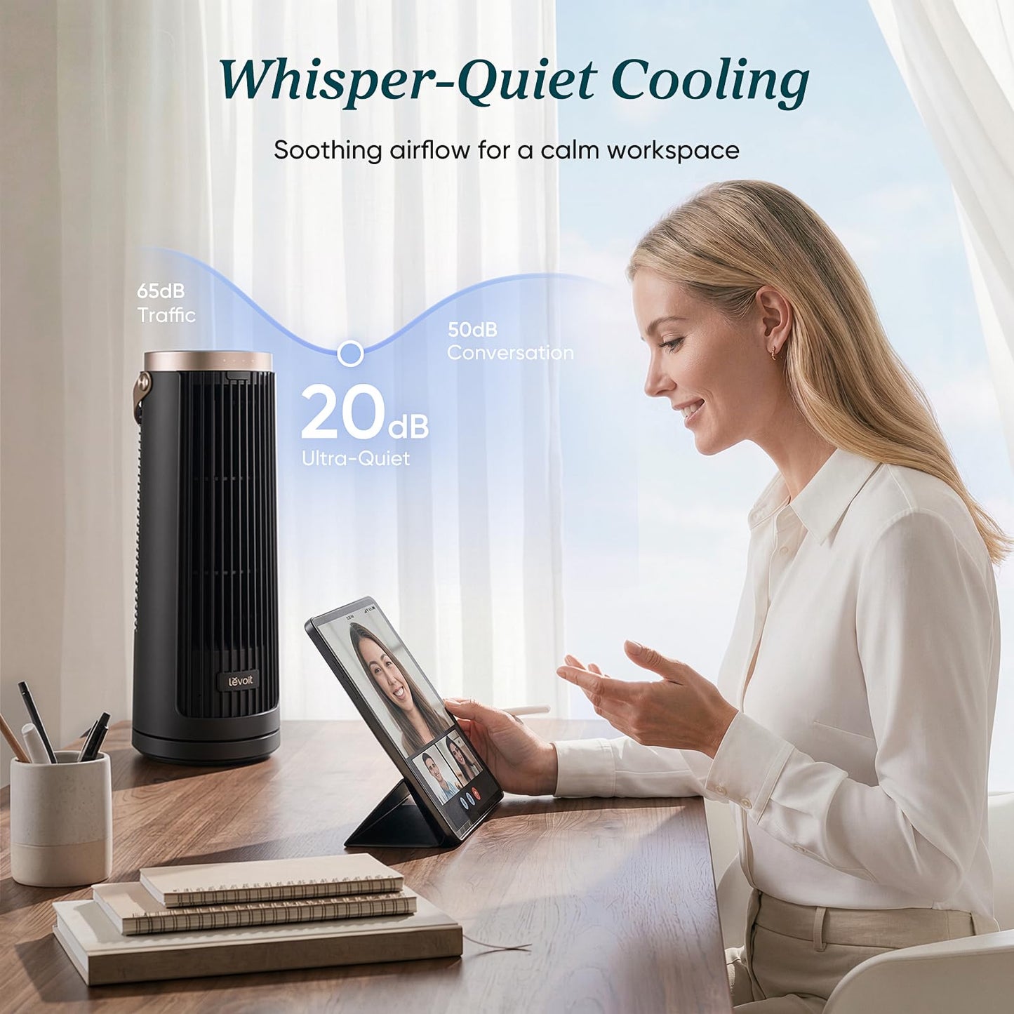 LEVOIT Tower Fan for Bedroom, 20dB Portable Fan with 23ft/s, Up to 20-Hour Battery Life, Easy-to-Carry Desk Fan, 5 Speeds 90° Oscillation, DC Motor, Night Light & Timer, Remoter, for Outdoors, Home