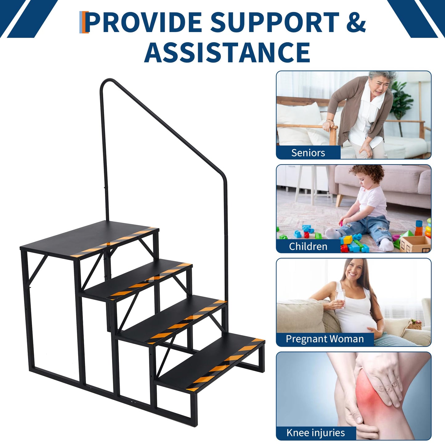 RV Steps with Handrails, 4 Step RV Stairs 660 Lbs Load Capacity,Portable Stairs Steps Steel Travel Trailers Ladder Step Ladder with Anti-Slip Panel, Mobile Home Stairs for Travel Trailers