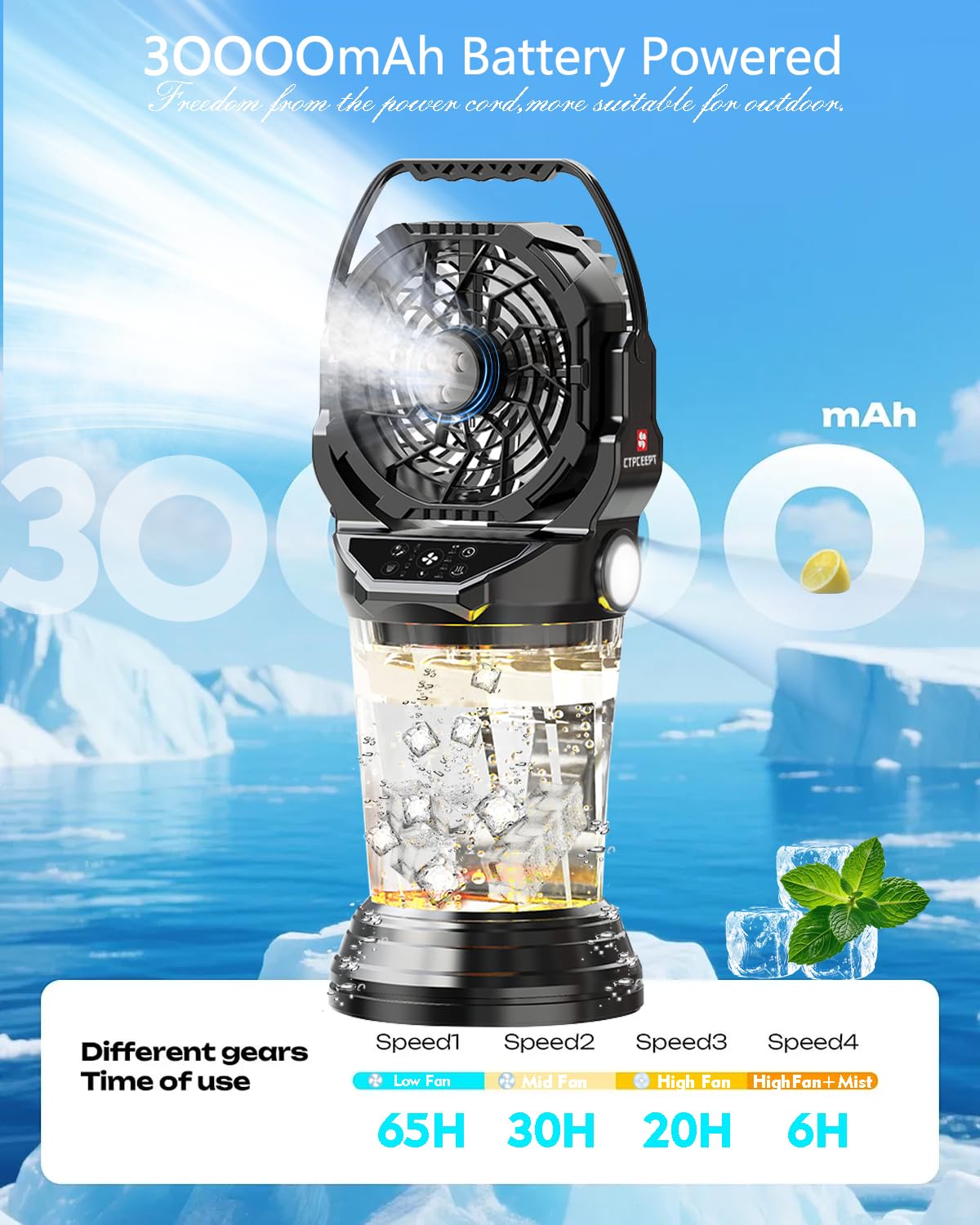 2026 New Portable Misting Fan with 30000mAh Rechargeable Battery, 120° Auto Oscillating Battery Powered Fan, 4 Speeds Spray Fan with LED Battery Indicator for Camping, Patio, Outdoor, Travel (yellow)