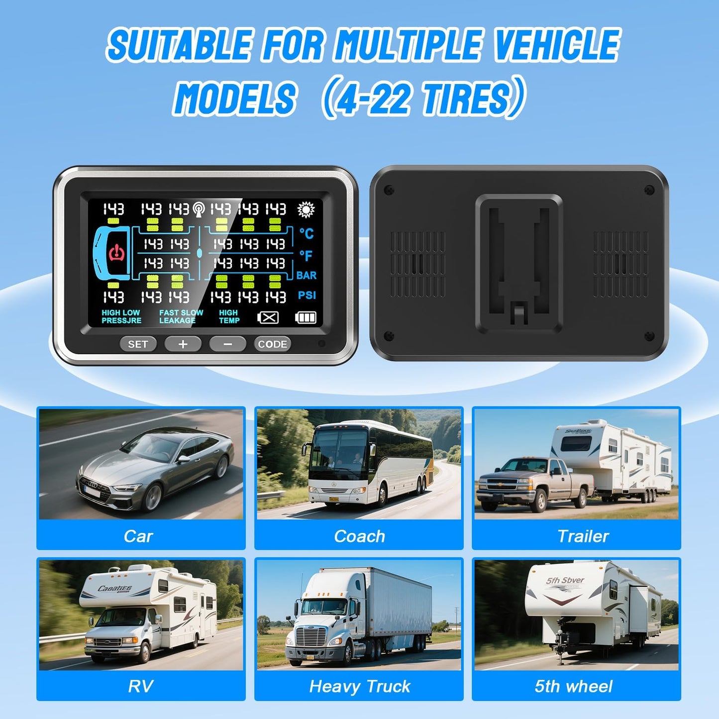 NLNE Trailer Tire Pressure Monitoring System 8 Sensors, 4.5" RV TPMS with Flow Through Sensor,6 Alerts Modes Monitor for Semi Truck/Camper/5th Wheel,Motorhome,Signal Booster,0-188PSI(4-22 Sensors)